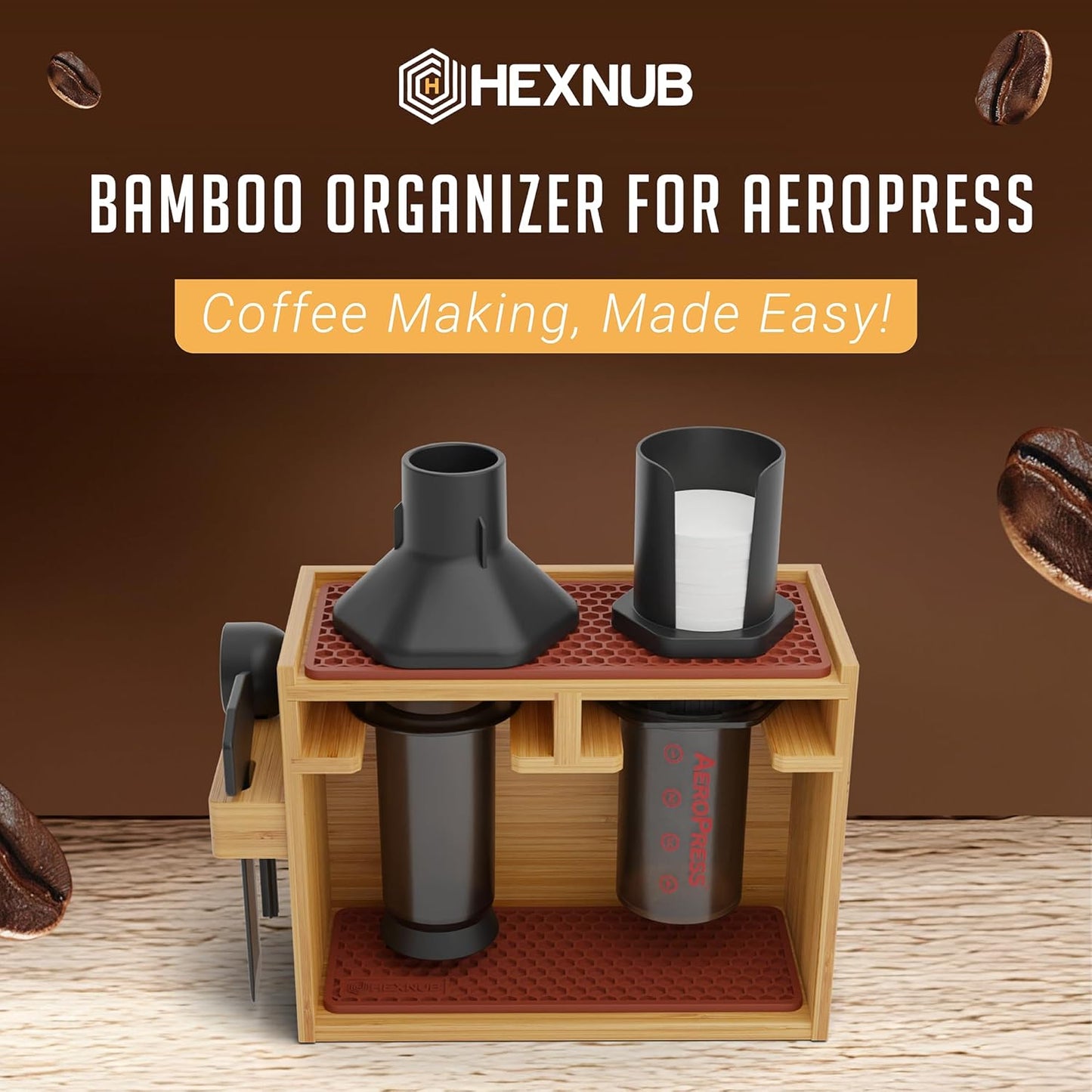 HEXNUB – Bamboo Organizer for AeroPress, Coffee Caddy Station Holds AeroPress Coffee Maker, Accessories, Filters, Cups, Stand includes Dripper Mats (Brown)