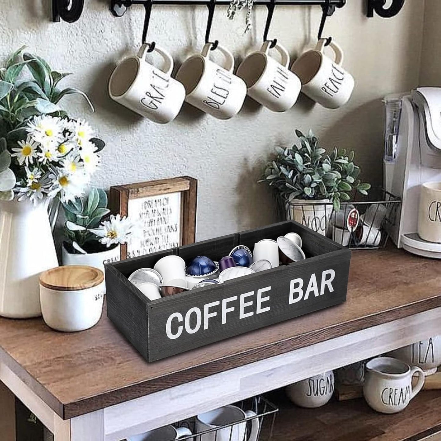 ELLDOO Coffee Bar Wooden Storage Box with Removable Grids, Station Organizer Pod Holder, Rustic Coffee Accessories for Counter, Farmhouse Kitchen, Black