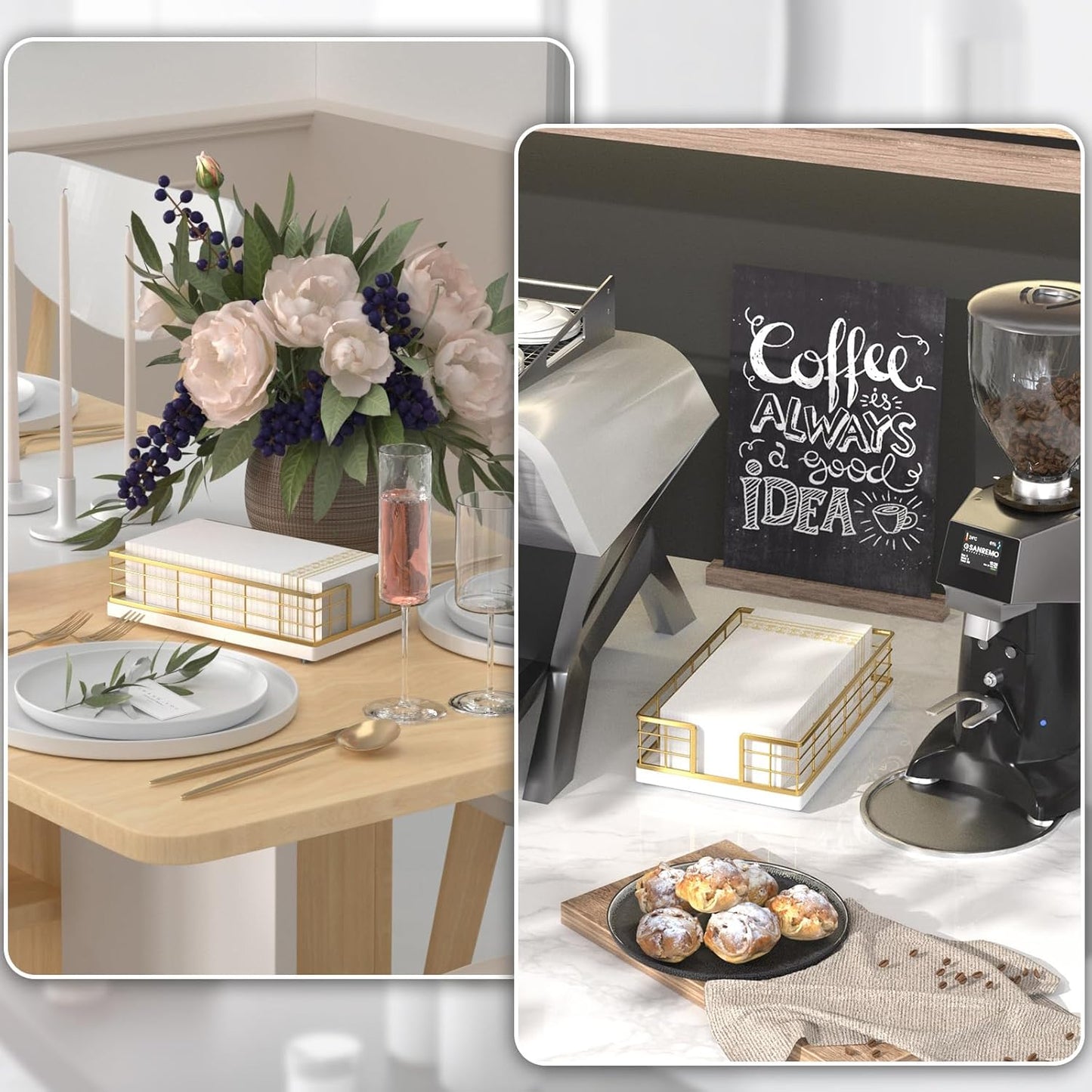 Wican Guest Towel Holder Tray for Bathroom, Oak and Iron Napkins Holder for Powder Room Dinning Table Wooden Basket for Disposable Paper Hand Towels Gold and White