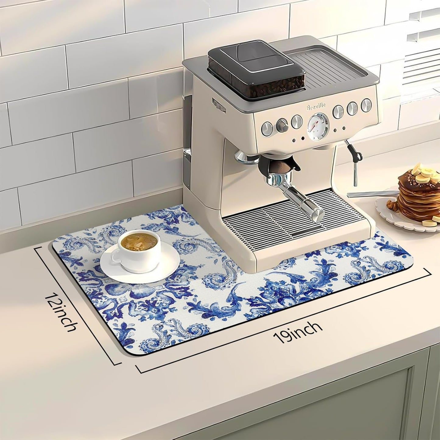 Bloss Dish Drying Mat, 12.2"x19.7" Absorbent Coffee Bar Mat with Waterproof Rubber Back, Fit Under Coffee Maker Machine/Kitchen Counter(Ink Cyan Flower)