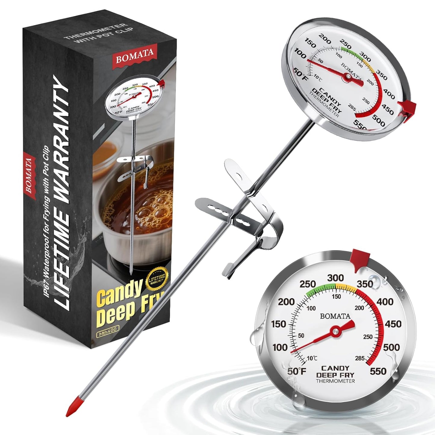 BOMATA Waterproof IP67 Candy Thermometer with Pot Clip, Deep Fry Oil Thermometer with Upgraded 2.5in Large Display for Cooking, Food, Turkey, BBQ, Grill... Mth400