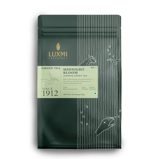 Luxmi Estates Midnight Bloom Organic Jasmine Tea (50 Tea Bags) Mildly Caffeinated Tea Bags For Relaxing, Calming, and Stress Relief, With Certified Organic Darjeeling Makaibari Green Tea