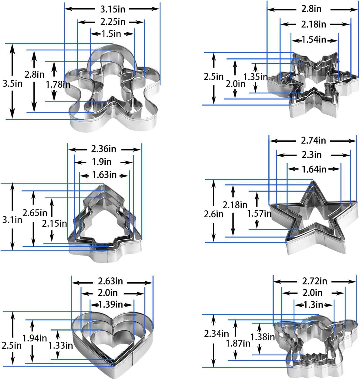 Christmas Cookie Cutter Set - 18 Piece Gingerbread Man, Snowflake, Tree, Heart, Star, Angel Shapes for Holiday Winter Baking