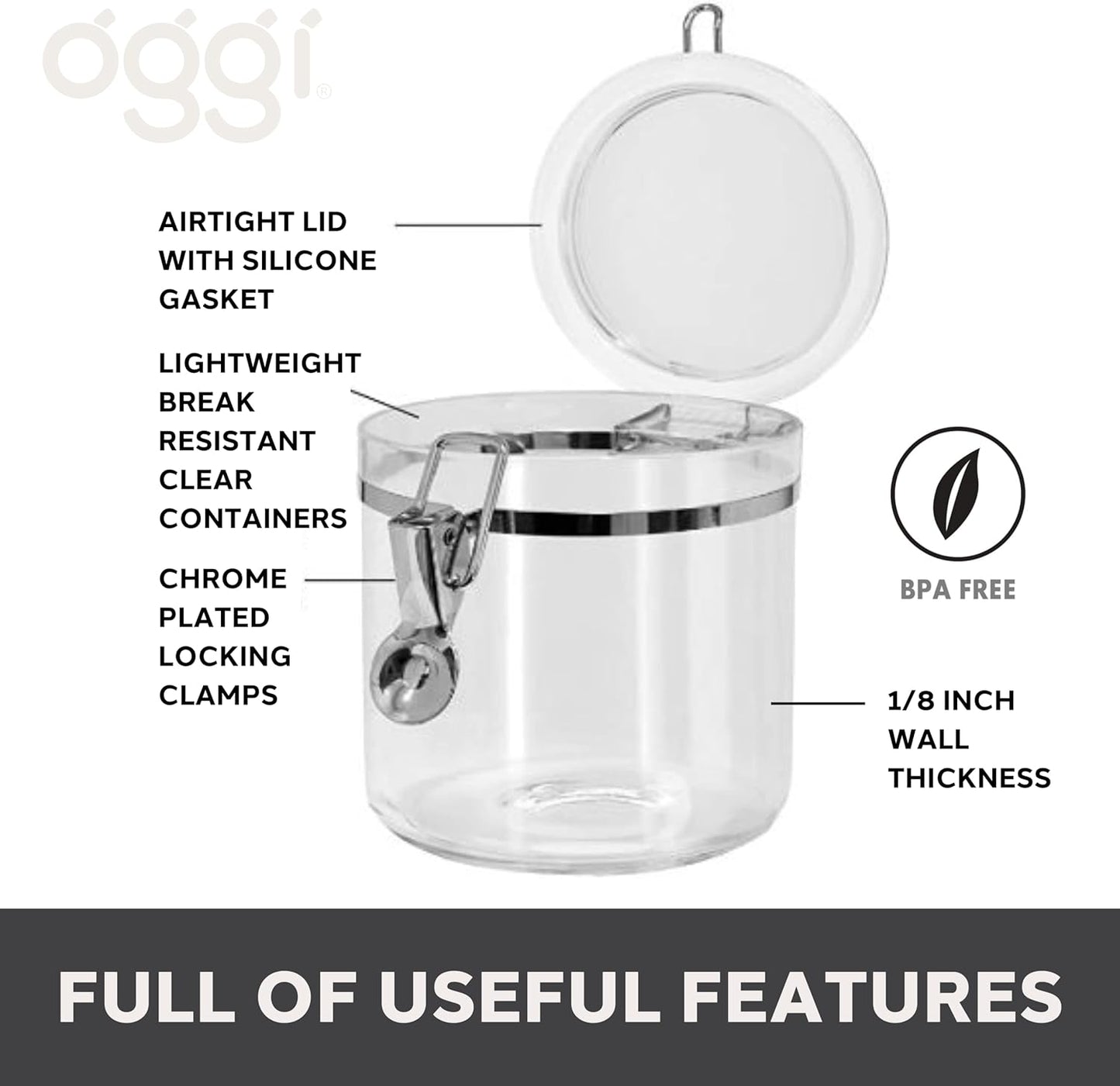 Oggi 4pc Clear Canister Set with Clamp Lids & Spoons - Airtight Food Storage Containers, Ideal for Kitchen & Pantry Storage of Bulk, Dry Food Including Flour, Sugar, Coffee, Rice, Tea, Spices & Herbs