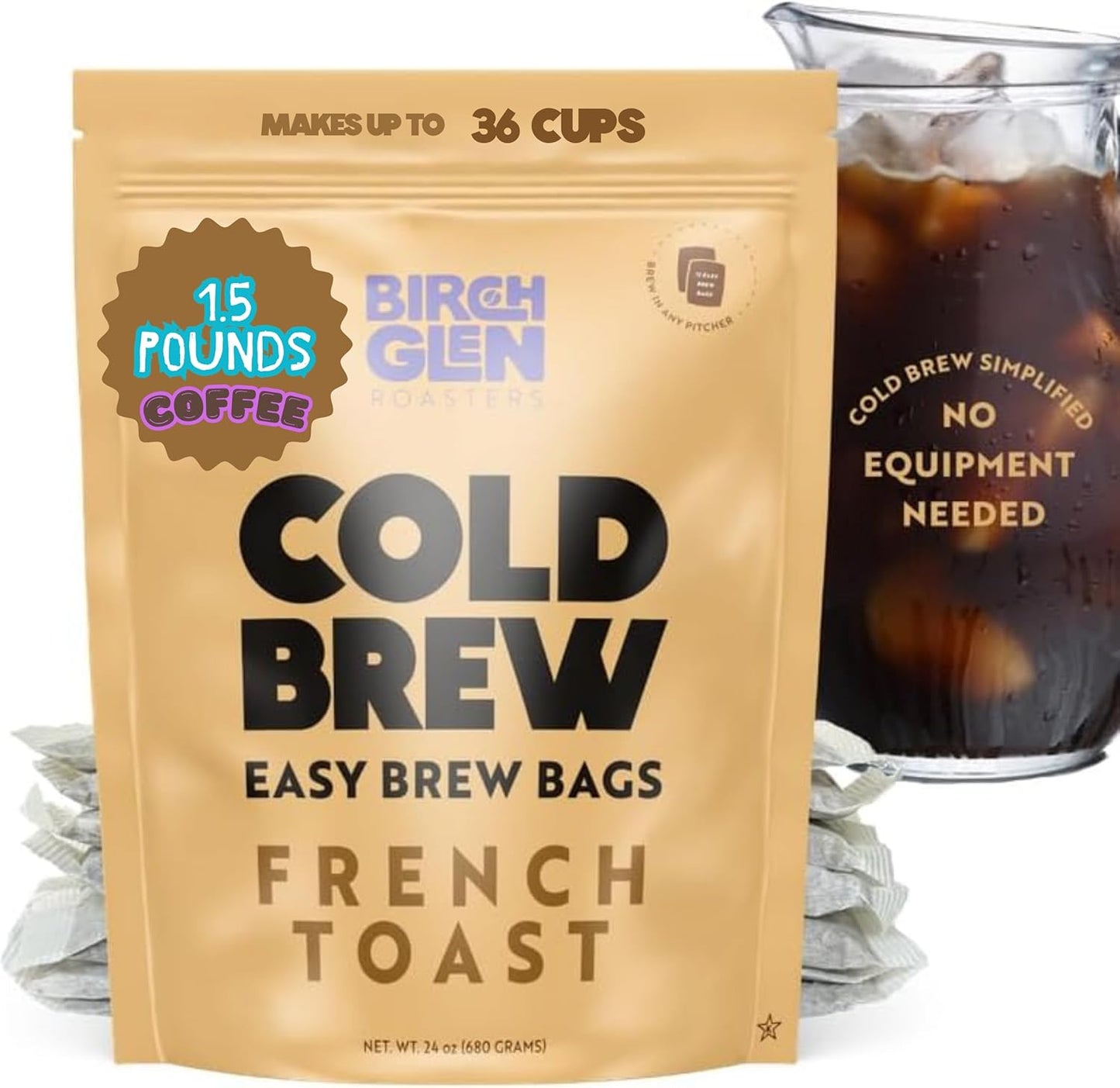Birch Glen Roasters Cold Brew Coffee Bags - 12 Pack of Coarse Ground Coffee Filter Pitcher Packs for Easy Brewing - 100% Arabica - Yields 6 Pitchers - French Toast Flavor