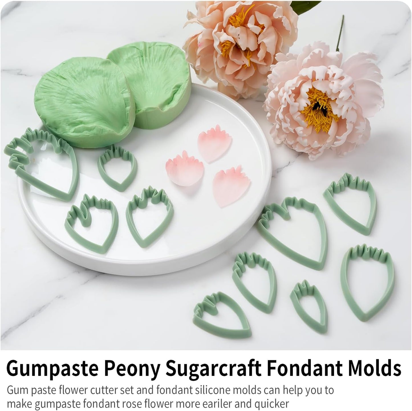 KALAIEN Flower Silicone Mold, 10 Pcs Gumpaste Cutters, 2 Pcs Peony Petal Fondant Veining Molds for Sugarcraft Flower Decorating Mold