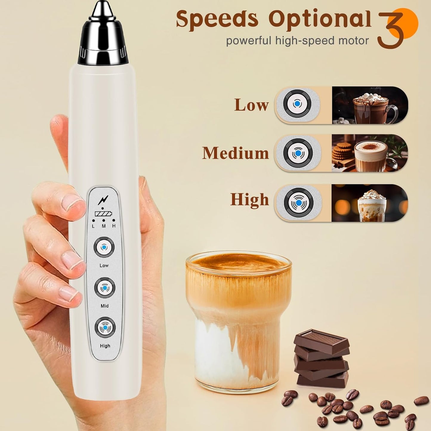 Milk Frother Handheld Rechargeable, Frother Wand Drink Mixer Electric Whisk for Coffee, Detachable With 3 Stainless Whisks, Hand Mixer for Lattes, Cappuccino, Matcha, Egg, No Stand, Beige