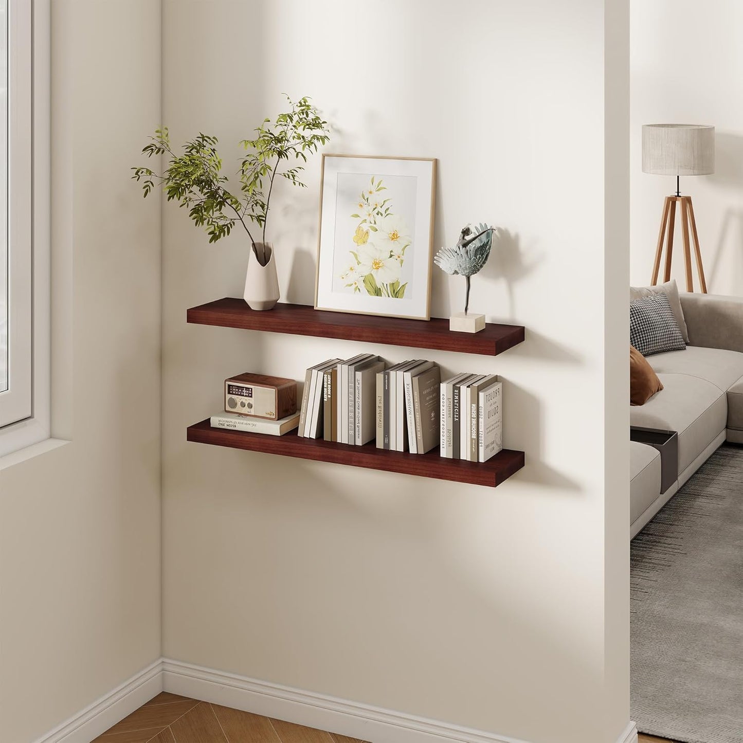 Fun Memories Rustic Real Wood Floating Shelves, 8 Inch Deep Floating Shelf Wall Mounted, 36" W x 8" D Wall Shelves Storage Shelves for Living Room, Bedroom, Bathroom, Red Brown, Set of 2