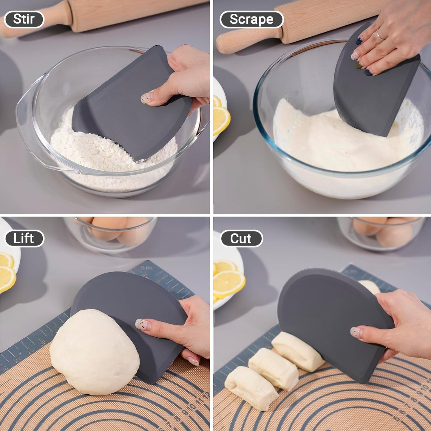 Silicone Dough Scraper with Stainless Steel Sheet, Curved Edge Flexible Bowl Scraper for Baking, Food Grade Silicone Bench Scraper for Sourdough Bread Proofing Basket, 5.98"×4.3", Dark Gray, SAPID