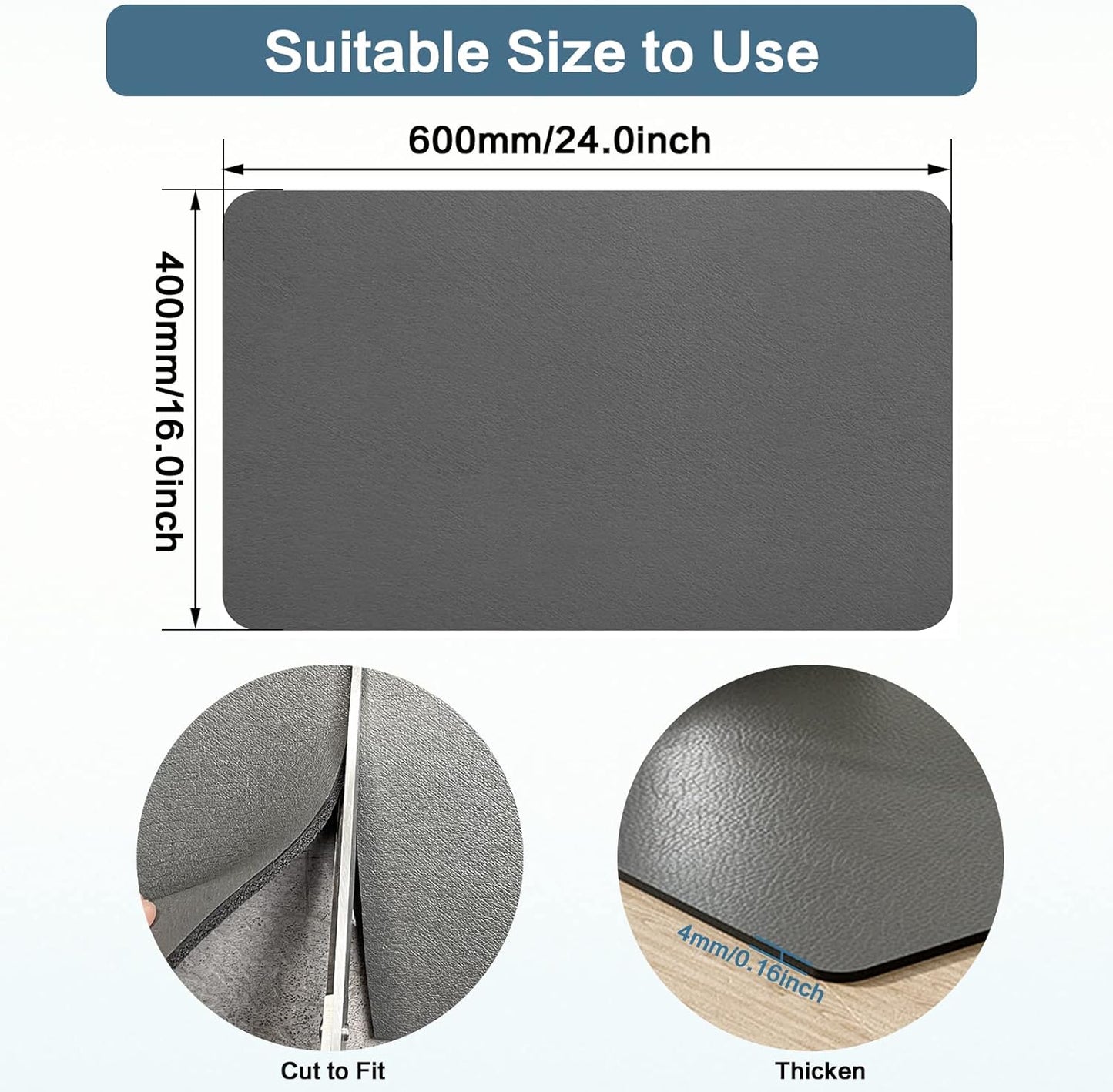 Gray Dish Drying Mat 16''x24'', Absorbent Anti Spill Bar Mat for Kitchen Counter, Fits Under Coffee Maker & Espresso Machine