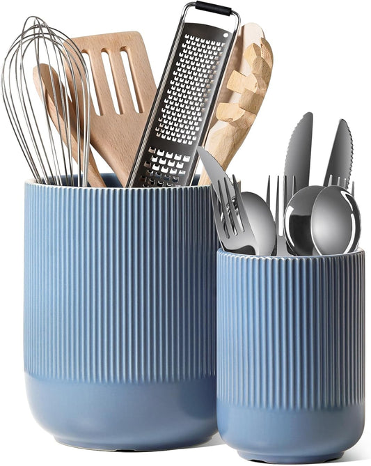 LE TAUCI Utensil Holder, 7.3"+5.4" Ceramic Kitchen Utensil Holder for Countertop, Large Cooking Utensil Crocks for Kitchen Counter, Morden Utensil Organizer for Spatula, Set of 2, Dusty Blue