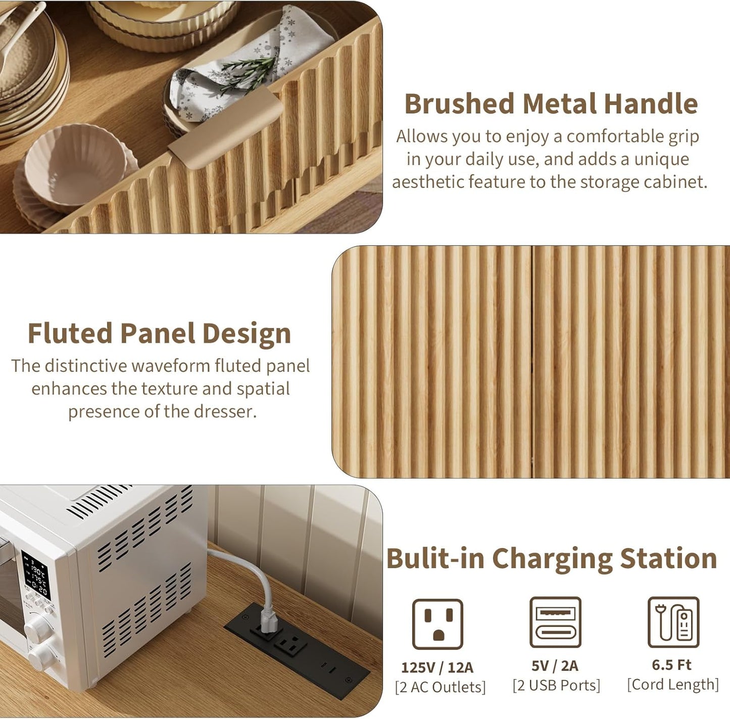 QUW Fluted Buffet Sideboard Cabinet with Storage, 47.2" Kitchen Cabinet with Drawers and Adjustable Shelves, Modern Coffee Bar with Charging Station, for Dining Room, Living Room, Natural Oak