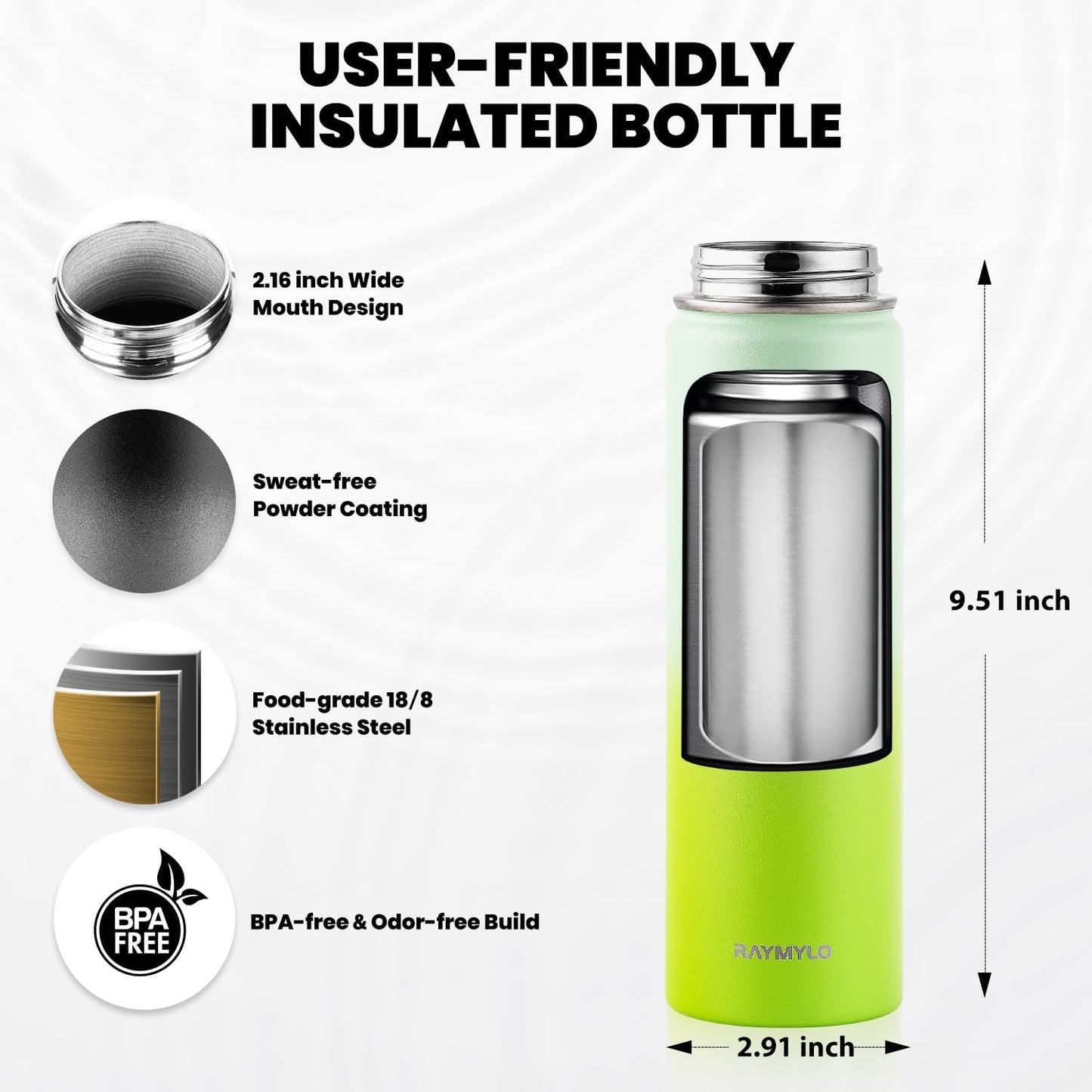 Insulated Water Bottle 20 oz, Triple Wall Vacuum Stainless Steel (Cold for 48 Hrs), Leak Proof & Non-BPA, Kids Water Bottle Jug for School with Straw Spout Lids, Ombre Green