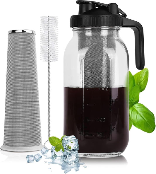 Cold Brew Coffee Maker - 64 Oz Heavy-Duty Glass Mason Jar Pitcher with Stainless Steel Filter, Leak-Proof Lid, Ergonomic Handle & Precision Pour Spout – Ideal for Iced Coffee, Tea, Cold Brew (Black)