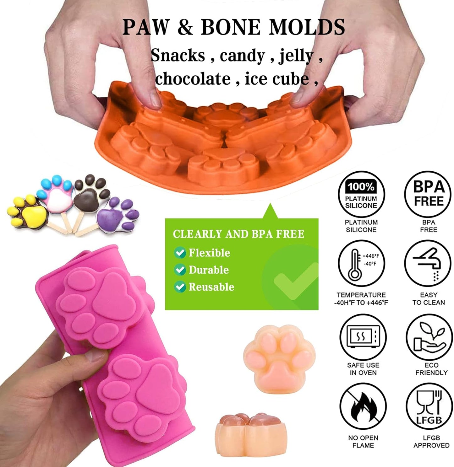 Puppy Dog Paw and Bone Silicone Molds, 2-in-1 and 6-in-a-row Dog Paw Molds,Non-Stick Food Grade,for Chocolate, Candy, Pudding, Jelly, Dog Treats-Set of 6 Pcs