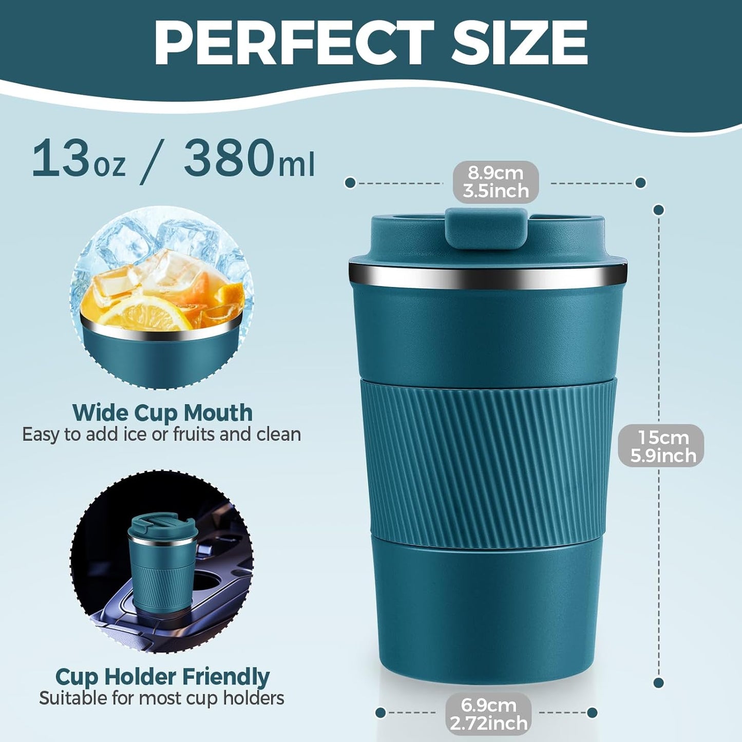 Volhoply 13 oz Stainless Steel Insulated Travel Coffee Mug with Fip Lid Bulk 2 Pack,Reusable Double Wall Vacuum Metal Coffee Cup,Portable Leak Proof Thermal Tumbler for Hot & Cold Drinks(Bule,2)