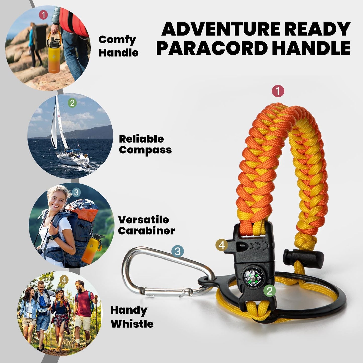 Insulated Water Bottle 32 oz, Triple Wall Vacuum Stainless Steel (Cold for 48 Hrs), Leak Proof & Non-BPA, Modern Water Flask Jug with Paracord Handle & Straw Spout Lids, Ombre Orange