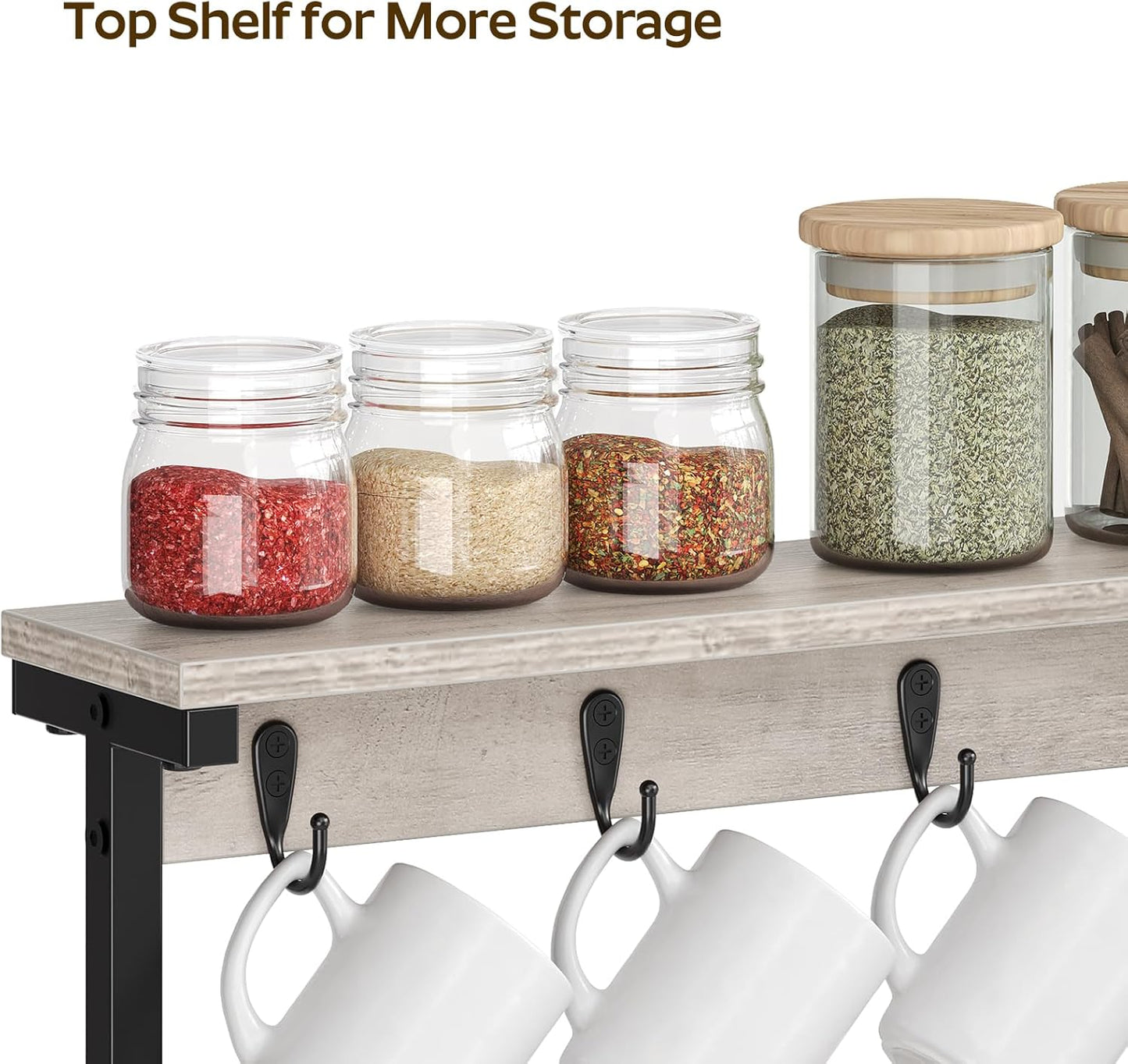 Coffee Mug Holder for Counter, 2 Tier Mug Tree Rack, with 8 Hook and 2 Open Shelves, Vintage Mug Holder Stand for Home Kitchen, Greige MH43BG