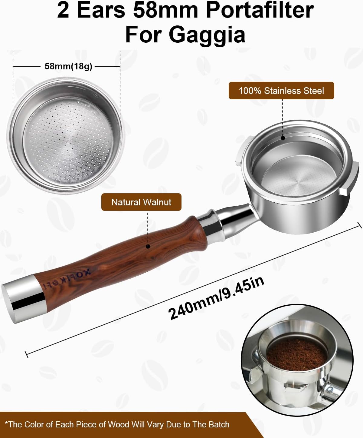 58mm Bottomless Portafilter For Gaggia, 2 Ears Slim Naked Portafilter Fits Gaggia Espresso Coffee Machines with Stainless Steel Head and 18g Filter Basket and Puck Screen - Rosewood Handle