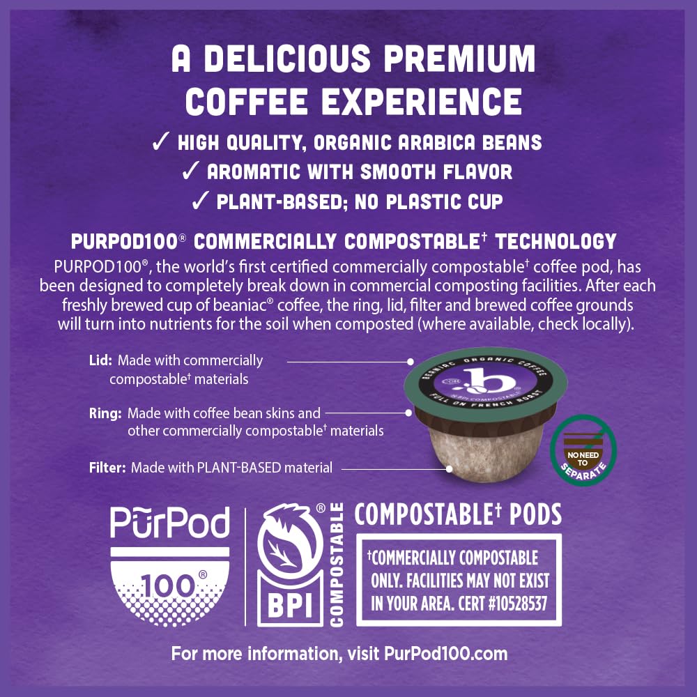 beaniac Organic Full On French Roast, Dark Roast, Single Serve Compostable K Cup Coffee Pods, Organic Arabica Coffee, Keurig Brewer Compatible, 30 Count