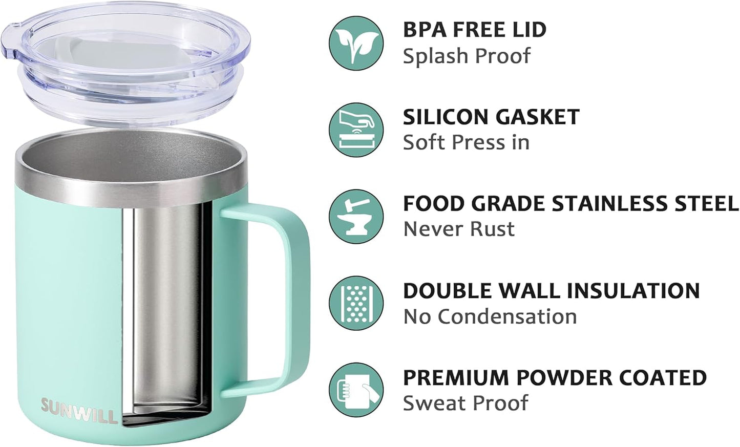 SUNWILL Insulated Coffee Mug with Lid, Travel Tumbler with Handle, 14 oz Stainless Steel Cup for Camping, Office, Home, Powder Coated Mint