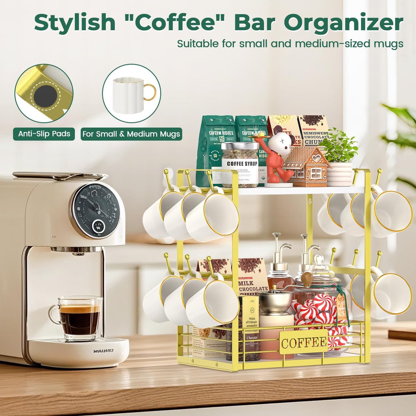 EsLuker.ly Coffee Bar Station Organizer Mug Cup Holder Stand for Countertop, Multi-Functional 2 Tier Mug Tree Rack for Kitchen, Storage Shelf with 12 Hooks, White-Gold