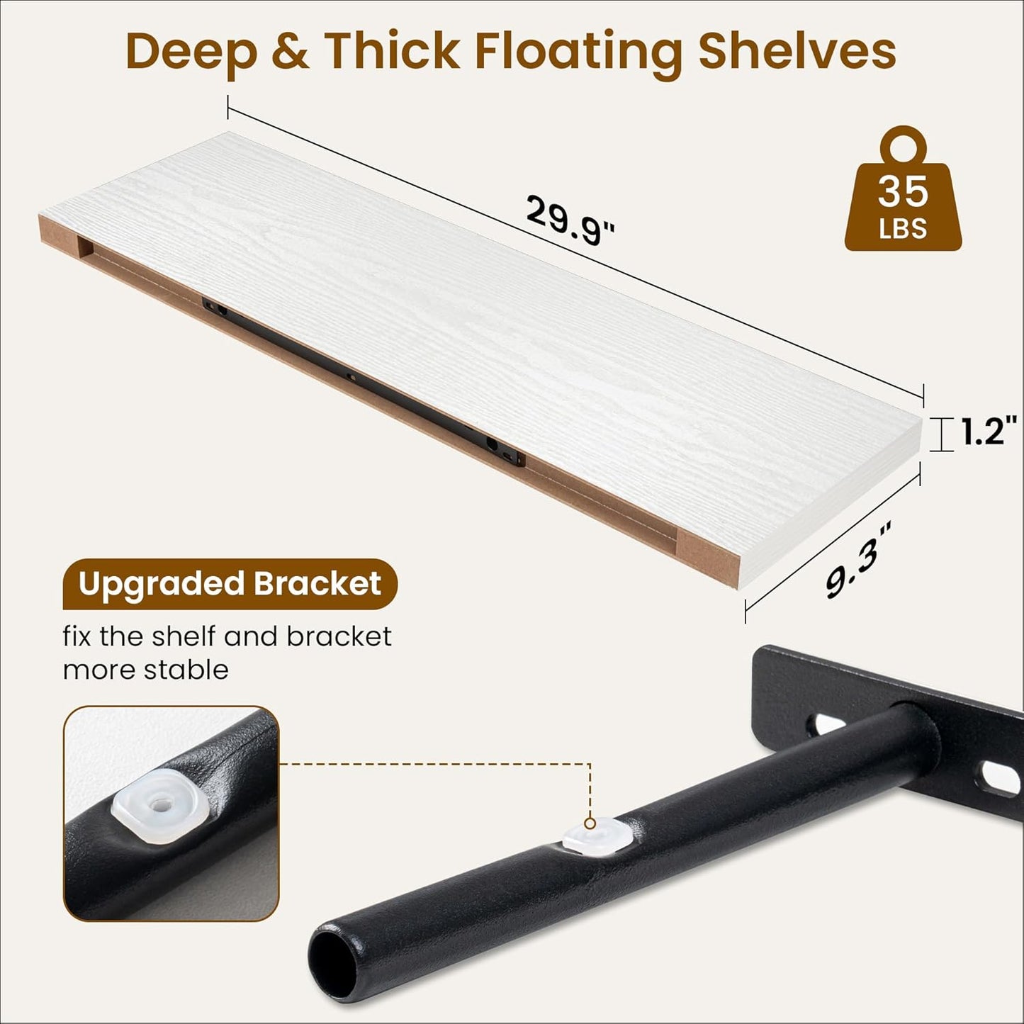 Fun Memories 30 Inch Floating Shelves for Wall, 9 Inch Deep White Rustic Wood Wall Mounted Shelves for Bathroom, Bedroom, Living Room, Set of 2