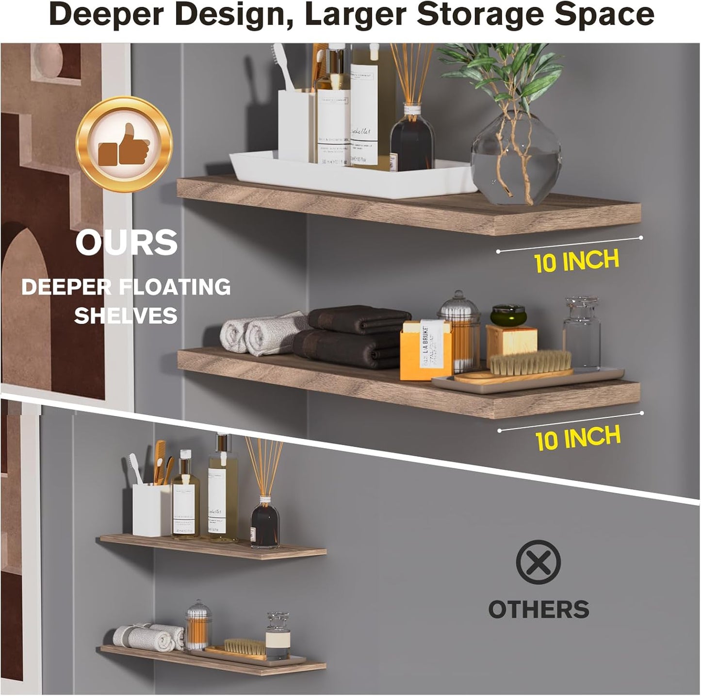 Wall Shelf Set of 1, Walnut Floating Shelves 24 in W x 10 in D x 1 in H, Wooden Floating Wall Shelf with Invisible Brackets for Living Room/Bedroom/Bathroom/Kitchen Storage and Decor