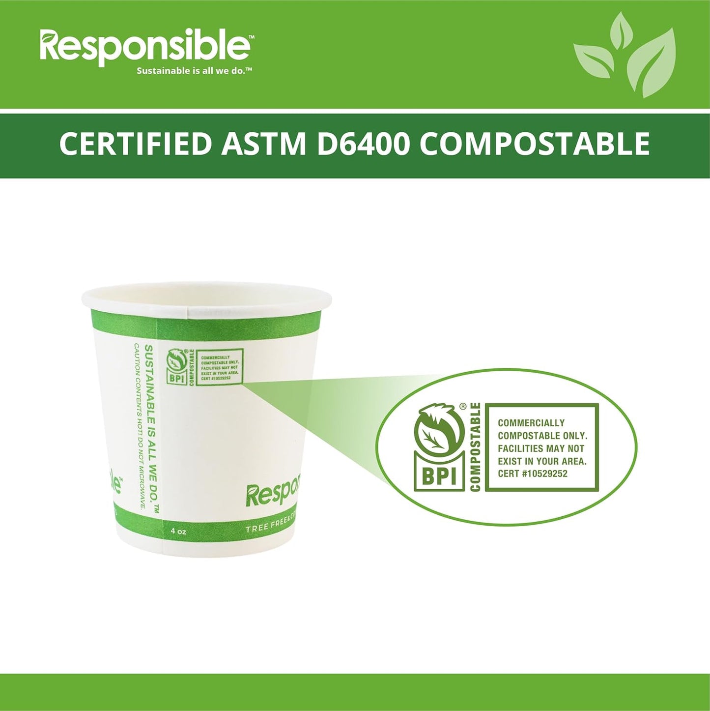 4 oz Paper Hot Cups, Tree-Less™ Compostable Paper Coffee Cups, Extra Strength, Tree-Free and Made Without PFAS, White (1000 Count)