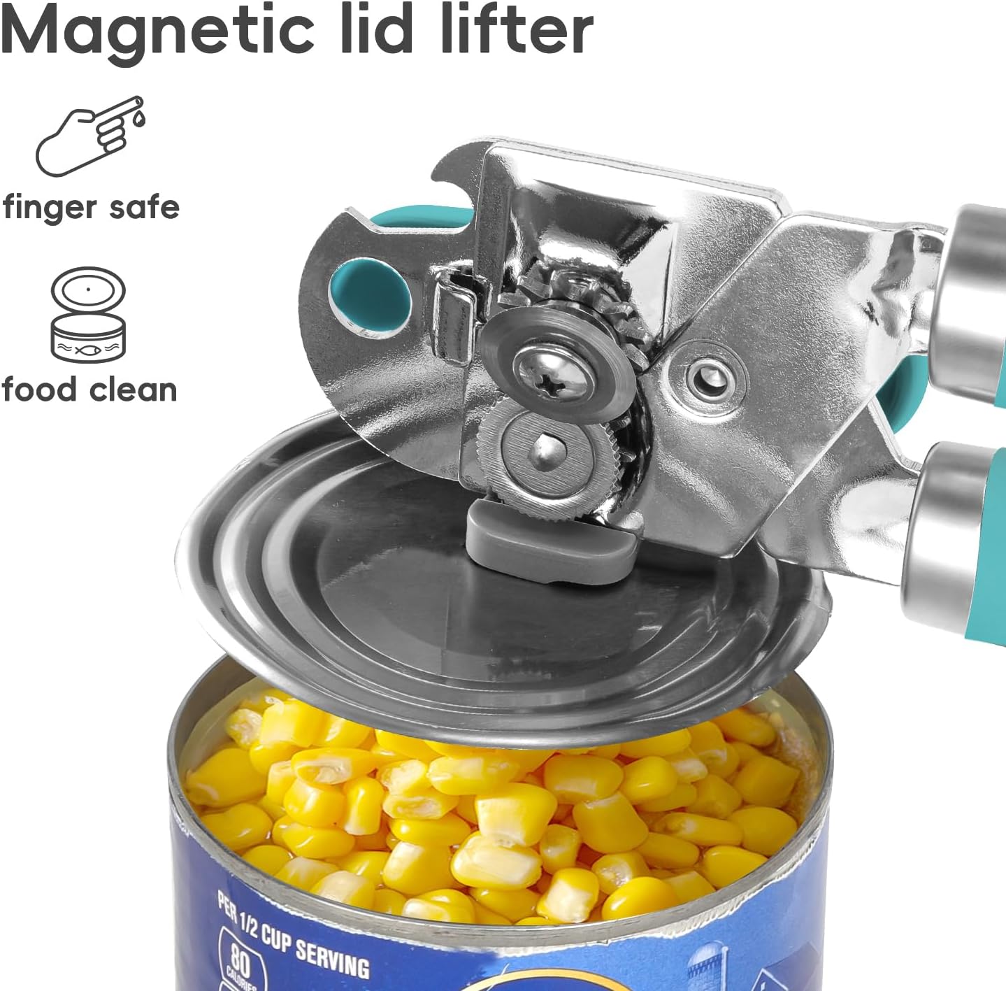 Can Opener Manual, UHIYEE Hand Held Manual Can Openers Heavy Duty with Smoother Cut Sharp Blade, Manual Hand Can Open with Soft Handle, Easy to Turn Knob, Magnetic Lid Lifter, Turquoise