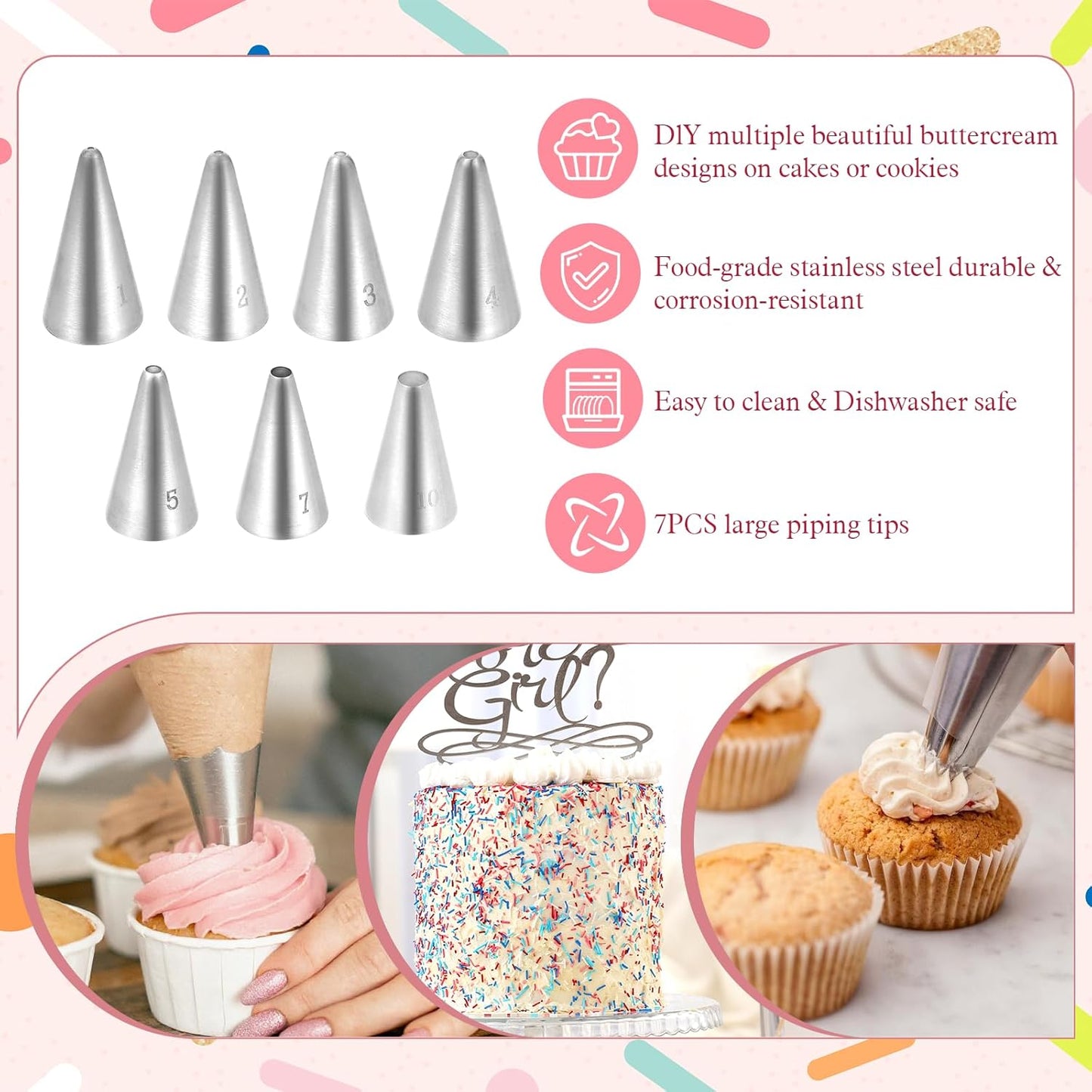 7 Pcs Small Round Piping Tips Set, Stainless Steel Cake Frosting Nozzles Professional Cake Decorating Tips Cupcake Icing Supplies for Baking Cookies Fondant Cream Bag Filler