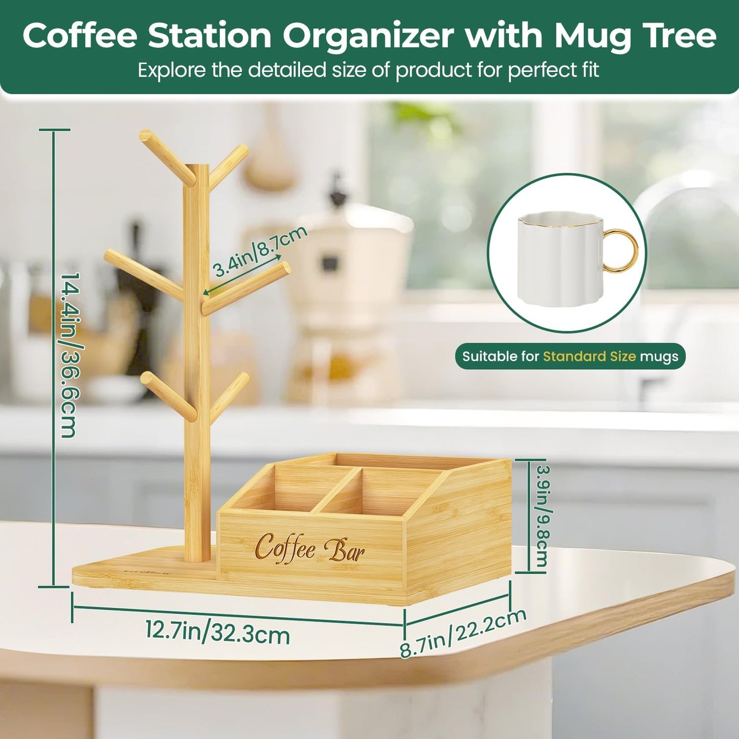 EsLuker.ly Mug Tree Holder Stand, Countertop Bamboo Coffee Cup Organizer Rack for Kitchen Office, Space-Saving Coffee Station Bar Organizer with 6 Hooks, Modern Design Enhances Decor