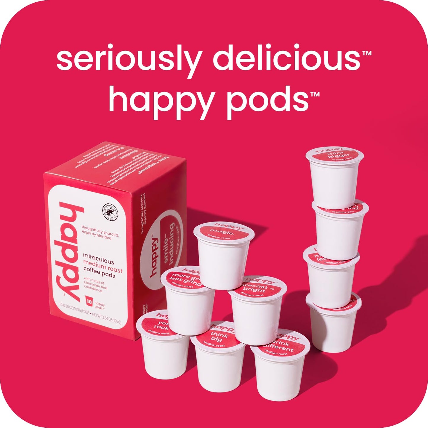 happy coffee medium roast coffee pods, 60 count, notes of chocolate & confidence, compatible with most K-cup brewers, rainforest alliance certified