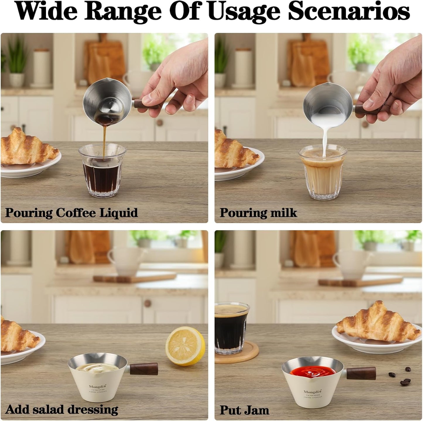 Mongdio Espresso Measuring Cup, Stainless Steel Espresso Shot Cups with Wooden Handle and Double Spouts, 3.4OZ/100ML, White