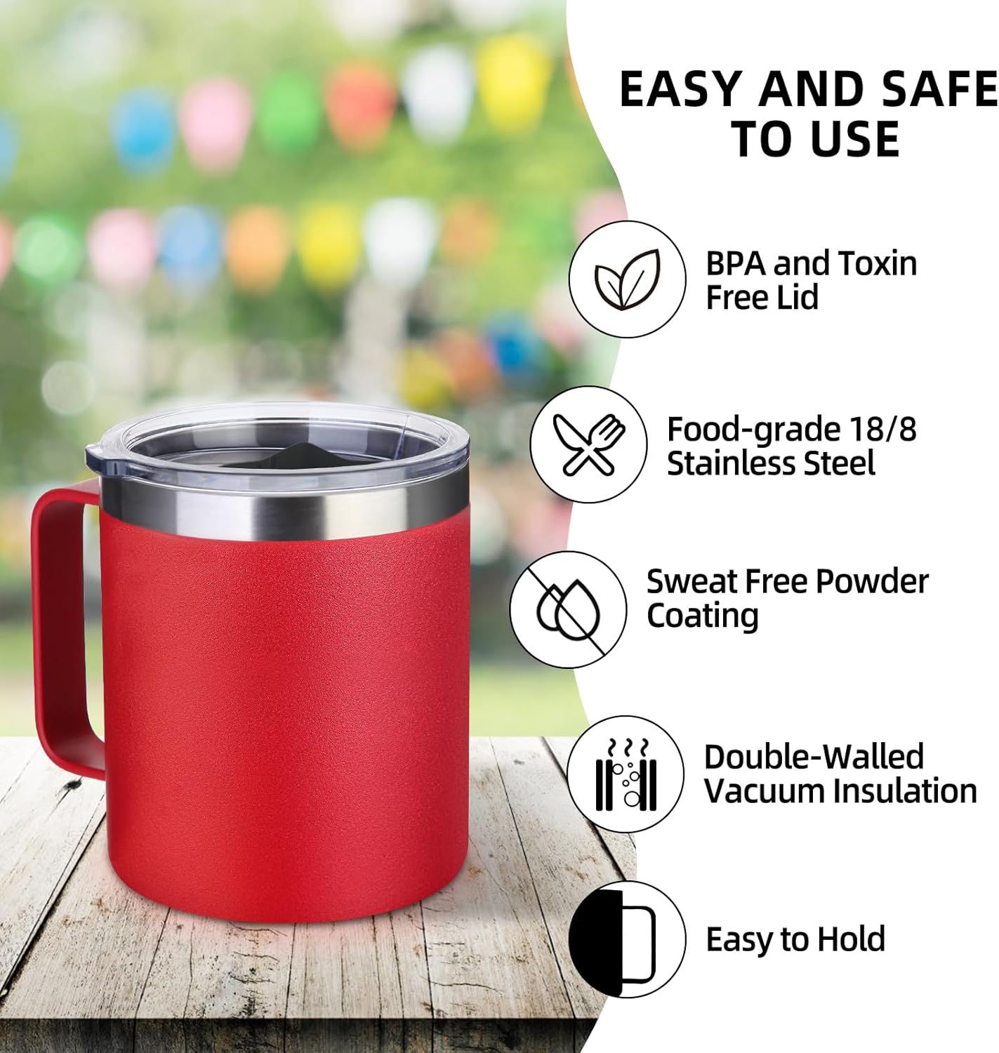 Volhoply 14oz Insulated Stainless Steel Coffee Mug with Lid Bulk 4 Pack,Double Wall Vacuum Travel Coffee Cup with Handle,Reusable Metal Cups Tumbler Cup,Camping Mugs Keep Hot,Ideal Gifts(Red,4)