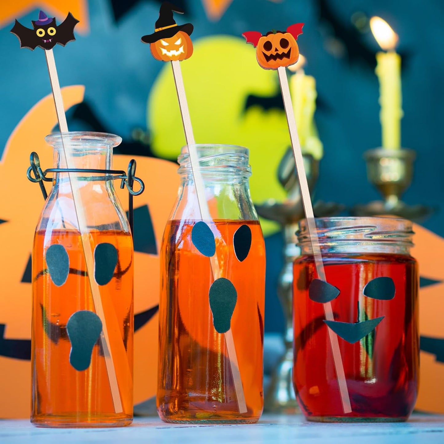 Mifoci 100 Pcs Halloween Wooded Coffee Stirrers Wood Cocktail Coffee Stir Sticks Disposable Swizzle Sticks for Thanksgiving Halloween Party Supplies, 20 Styles