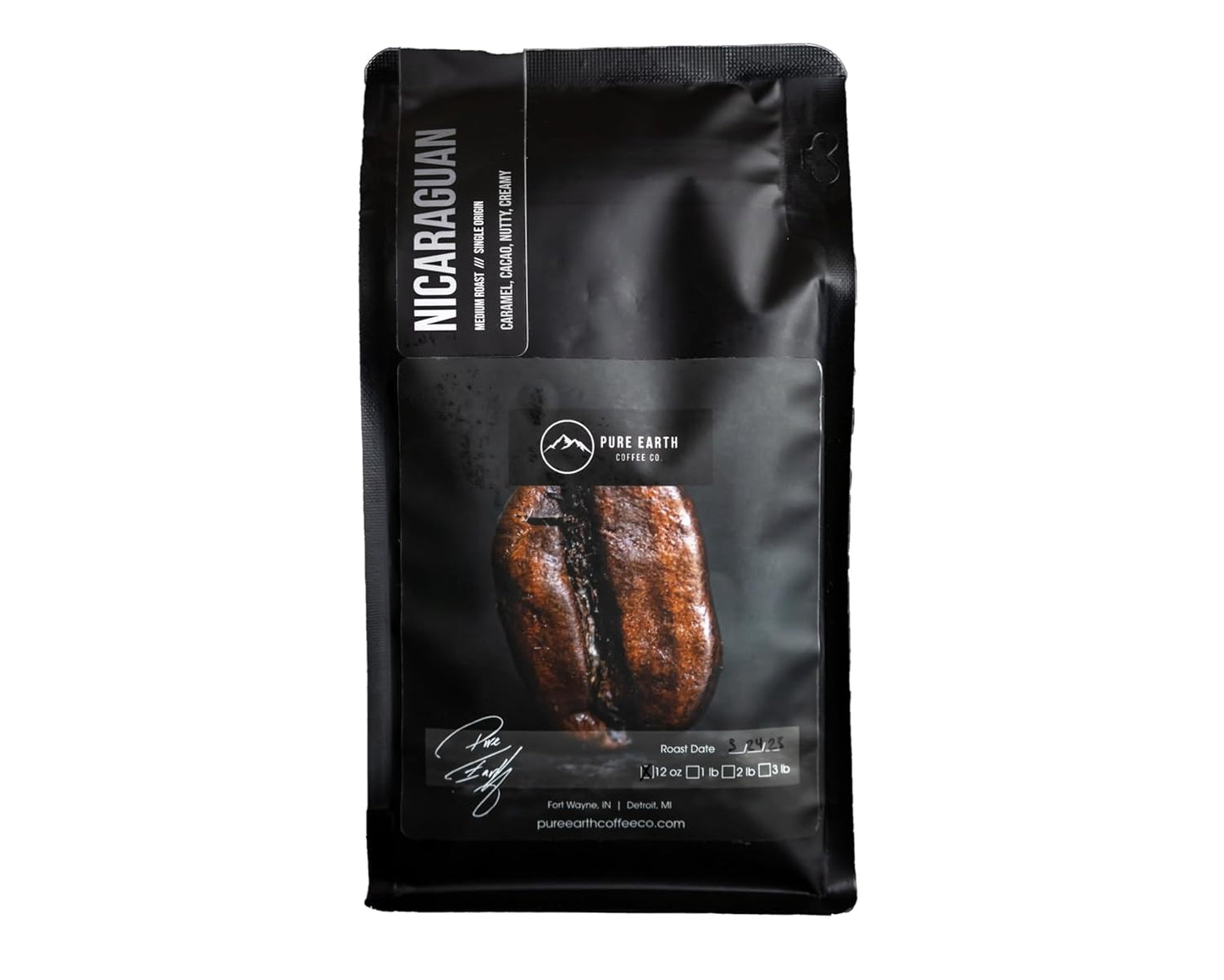 PURE EARTH COFFEE CO. Whole Bean Coffee, Nicaragua Single-Origin Beans, Medium Roast, Low Acid Gourmet Specialty Grade Coffee, Caramel, Chocolate, Nutty Flavor Notes 12oz