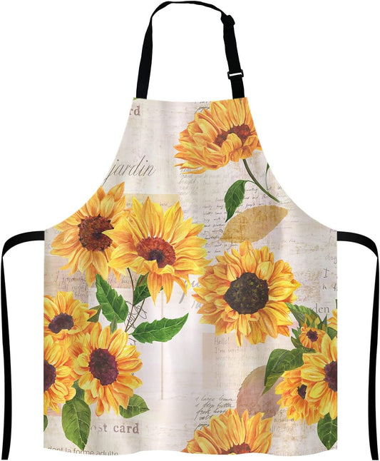 Watercolor Sunflowers Adjustable Bib Apron,Vintage Style Floral Print Cooking Kitchen Apron for Men Women