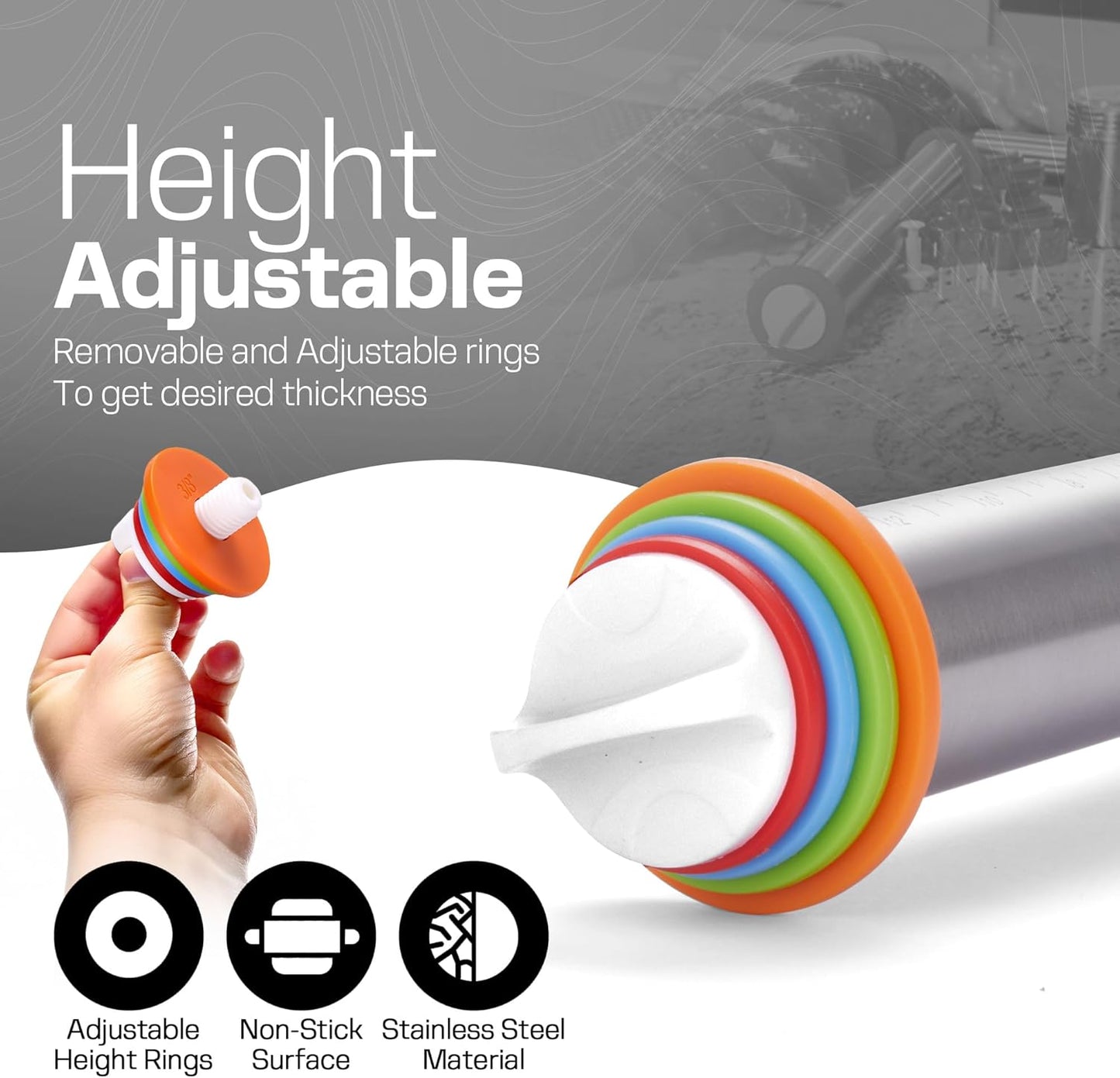 17" Stainless Steel Rolling Pin with 4 Adjustable Thickness Rings and Baking Mat for Dough, Pizza, Pies, Pastries, Pasta, Cookies (Black Mat)