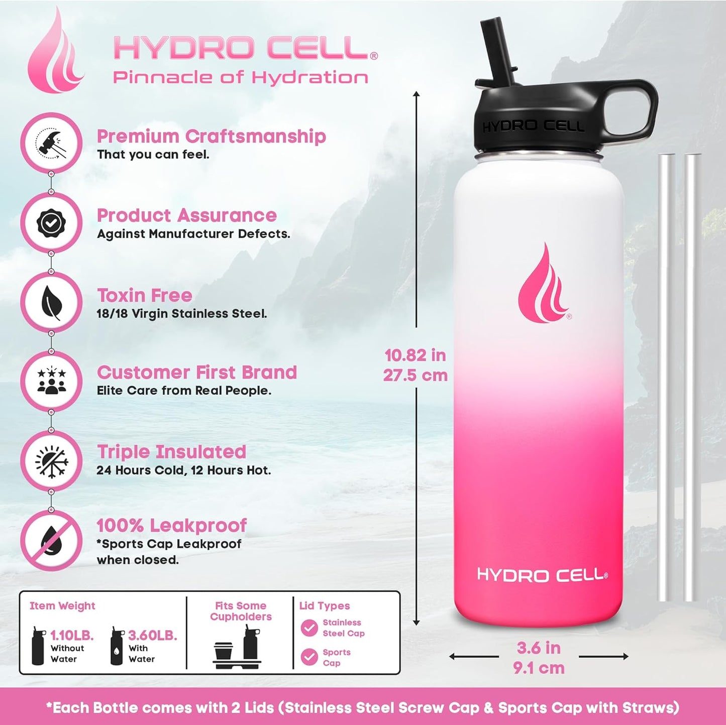 HYDRO CELL Stainless Steel Insulated Water Bottle with Straw - For Cold & Hot Drinks - Metal Vacuum Flask with Screw Cap and Modern Leakproof Sport Thermos for Adults (White/Pink 40oz)