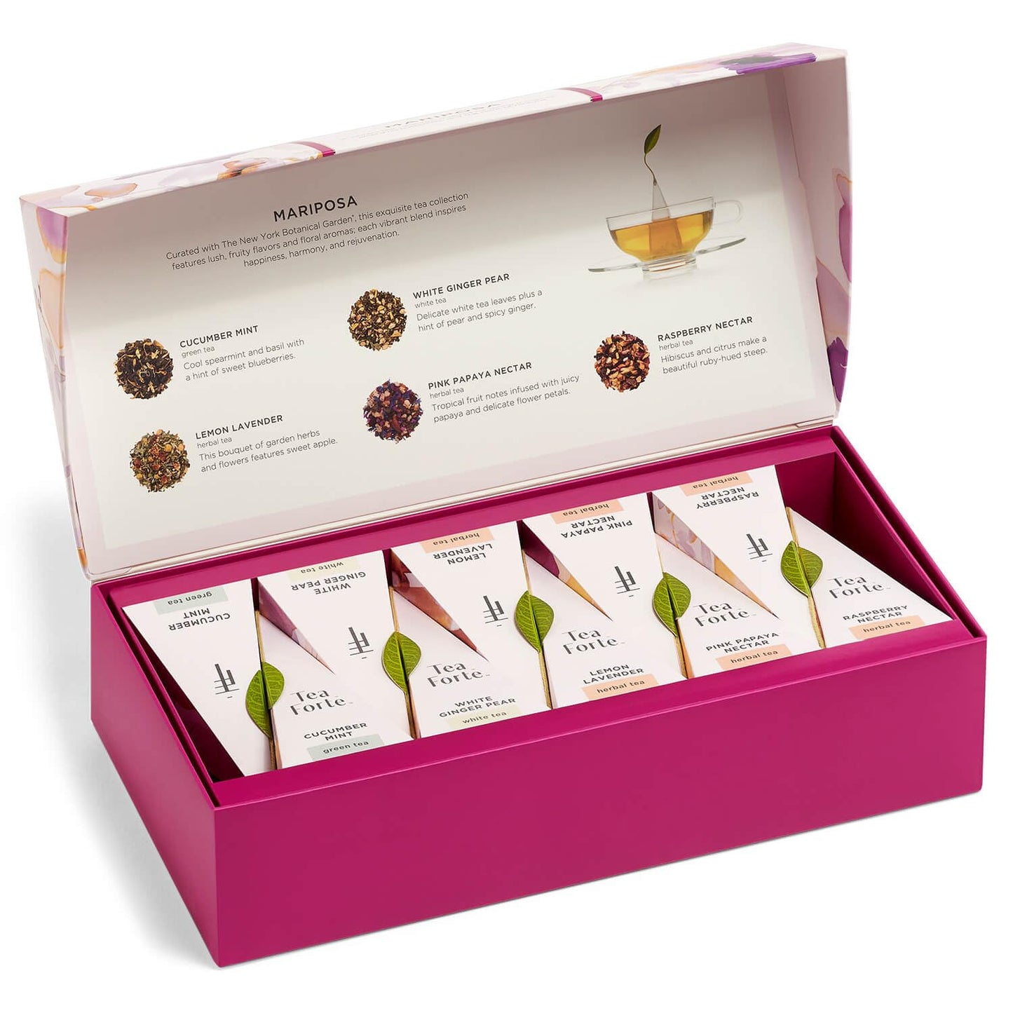 Tea Forte Mariposa Premium Tea Petite Presentation Box Tea Gift Sampler, 10 Count, 1 of Each Variety Individually Wrapped Handcrafted Pyramid Infuser Bags