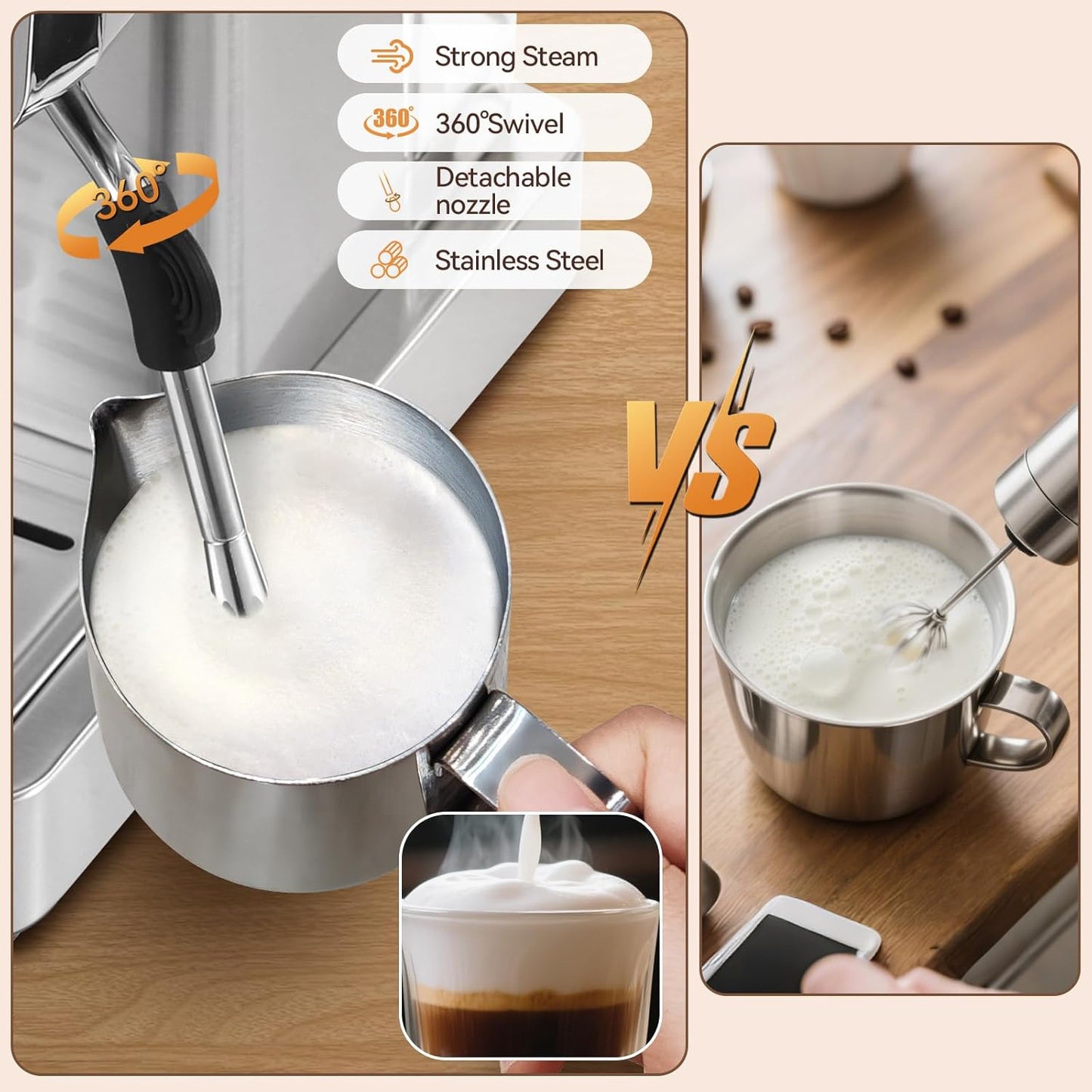 Espresso Machine 20 Bar, Espresso Maker with Steam Milk Frother，Espresso Coffee Machine with 60oz Removable Water Tank for Lattle, Cappuccino, Stainless Steel