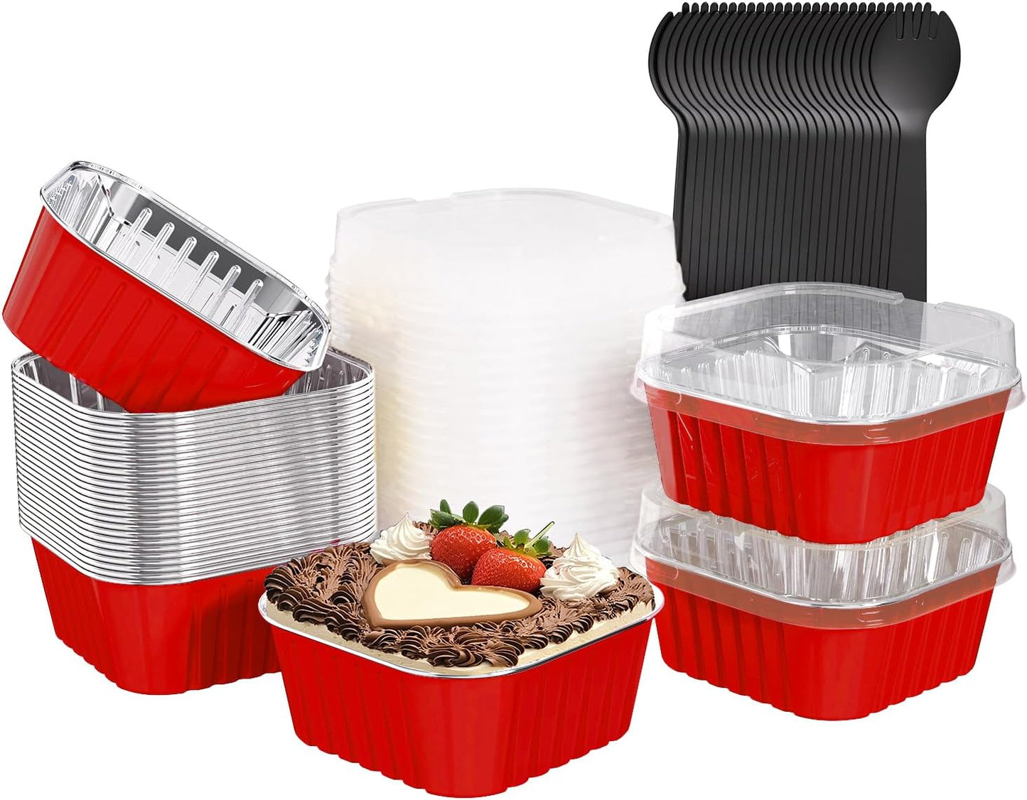 25 Pack Square Mini Cake Pans with Lids,Mini Loaf Pans with Lids,Aluminum Foil Baking Cups,Disposable Ramekins Cupcake Cups,Dessert Cups for Wedding Birthday Party Picnics,5oz (Red)