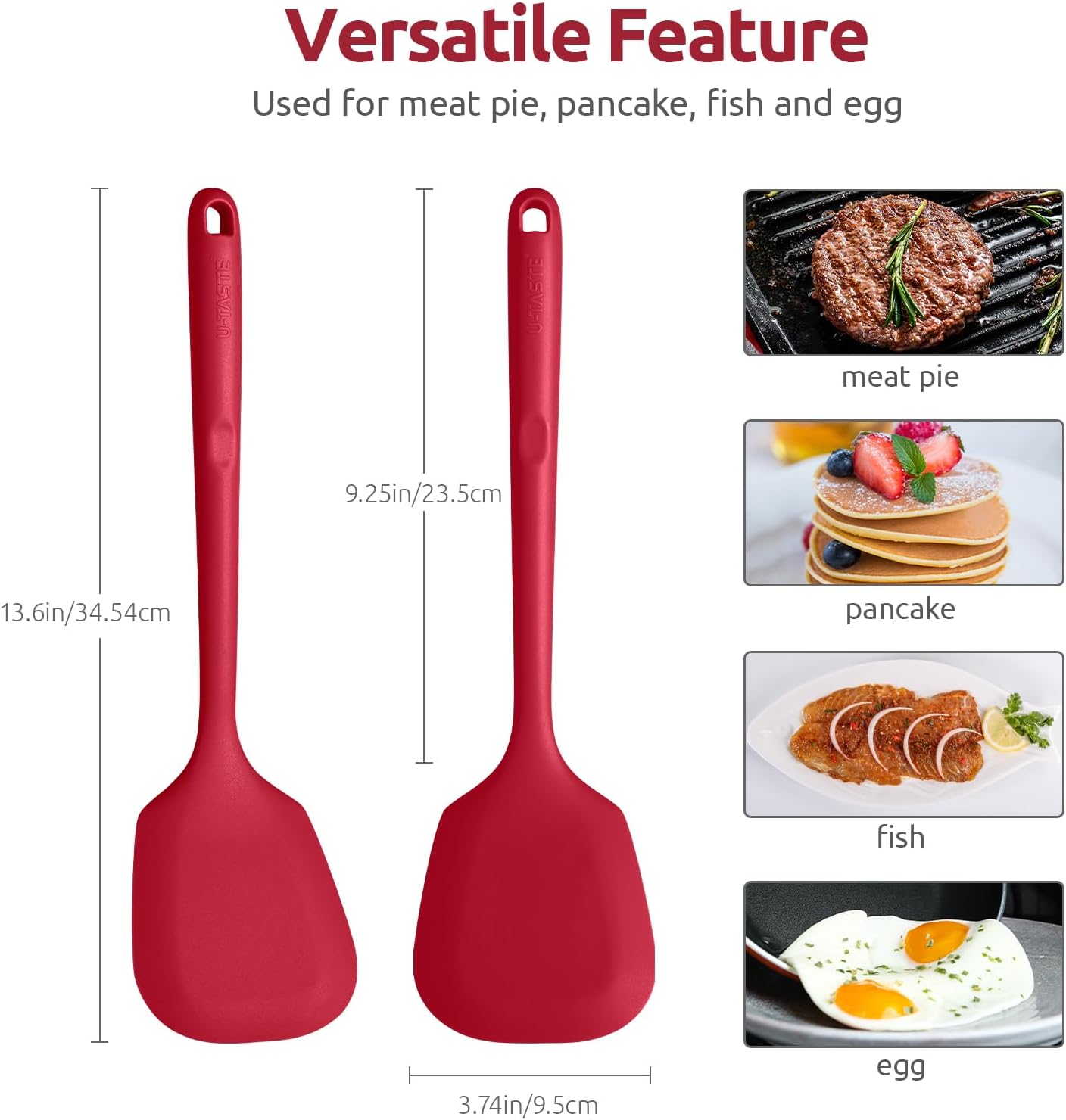 600ºF Heat Resistant Silicone Turner: U-Taste 13.6in Solid Kitchen Spatula Flipper, Food Grade Flexible & Thin Rubber Seamless Cooking Utensil for Flipping Egg, Pancake in Nonstick Cookware (Red)