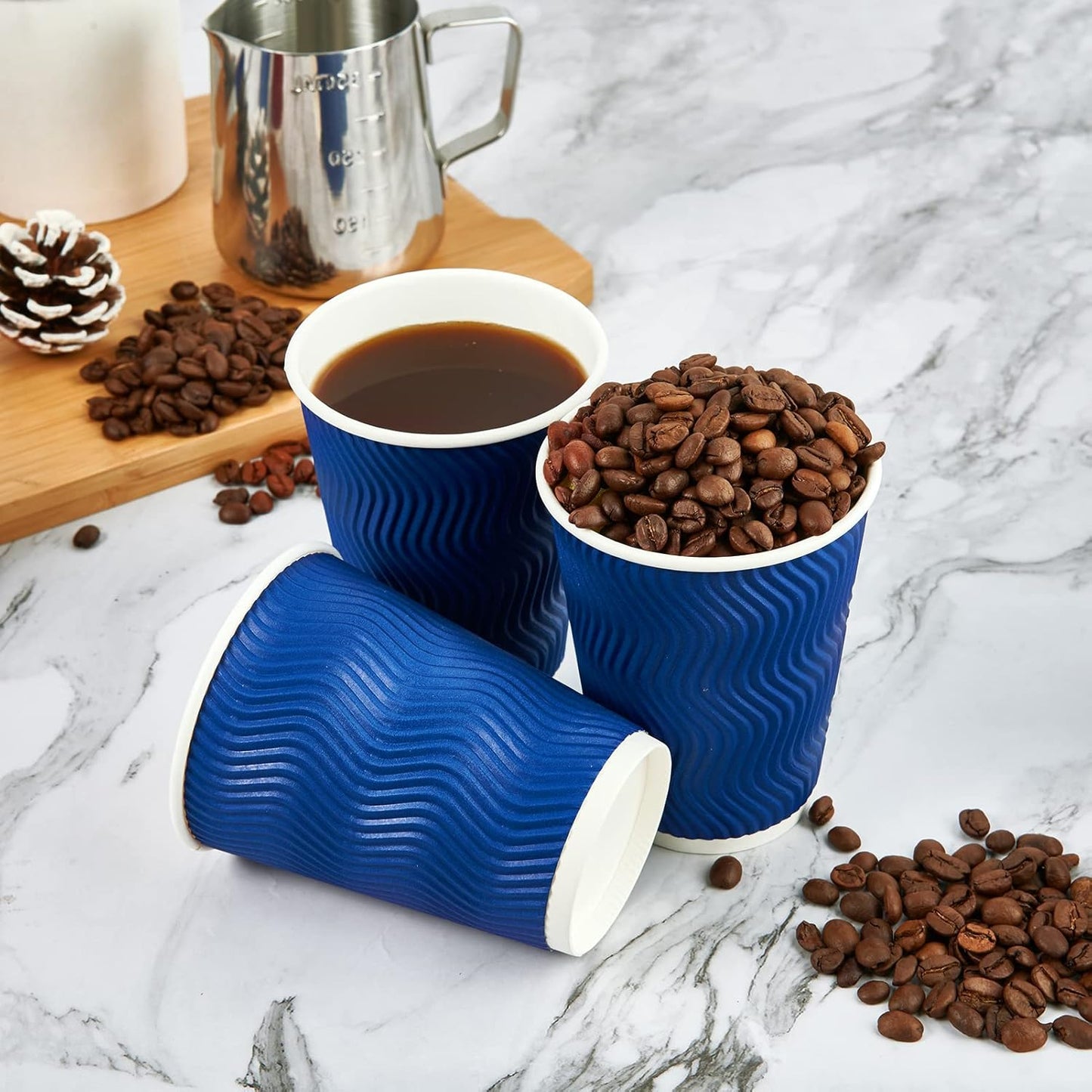 JollyPack 60 Pack 12 oz Paper Coffee Cups, Blue Disposable Beverage Cups with Insulated Ripple Wall for Coffee, Tea, and Hot Chocolate