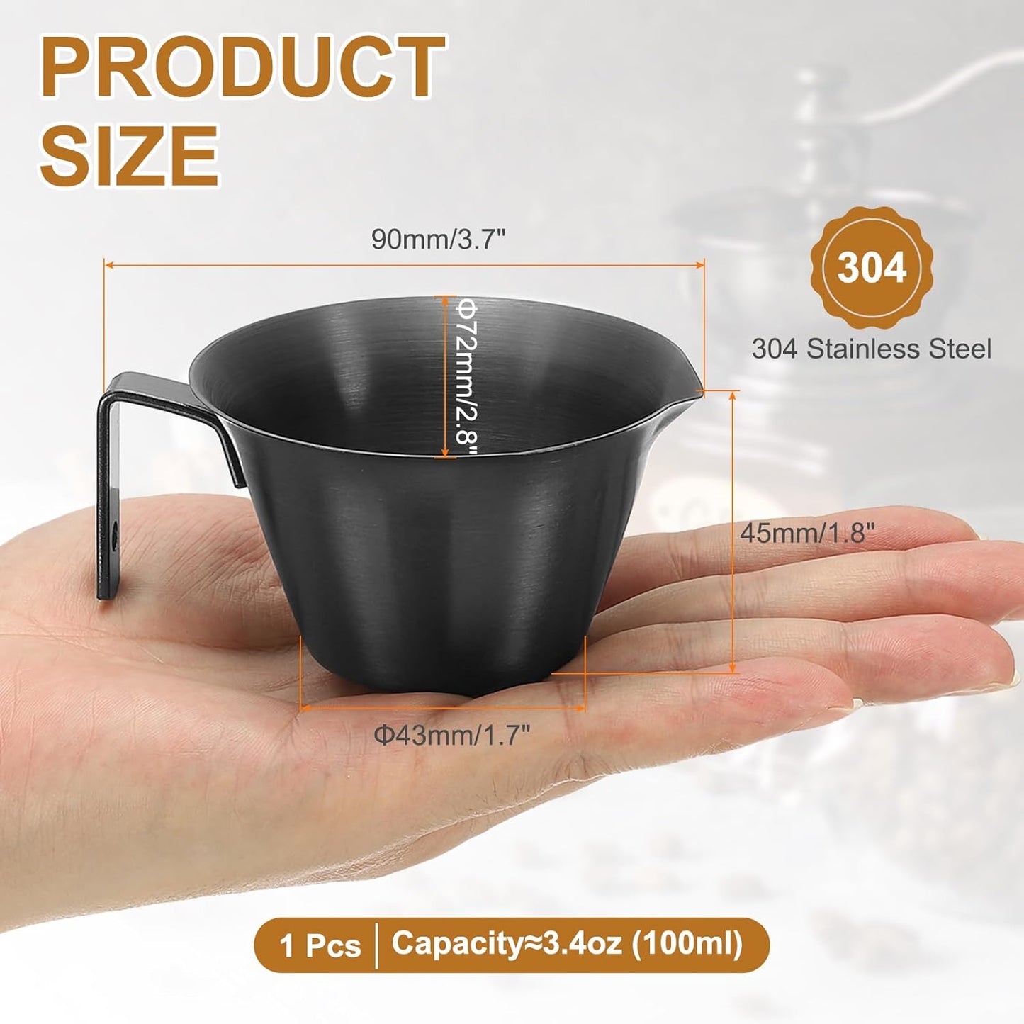 uxcell 1 Pcs Stainless Steel Espresso Cup with Handle, V-Shaped Mouth Espresso Measuring Cup with Scale for Preparing Coffee, Cocktails, 3.4OZ/100ML (Black)