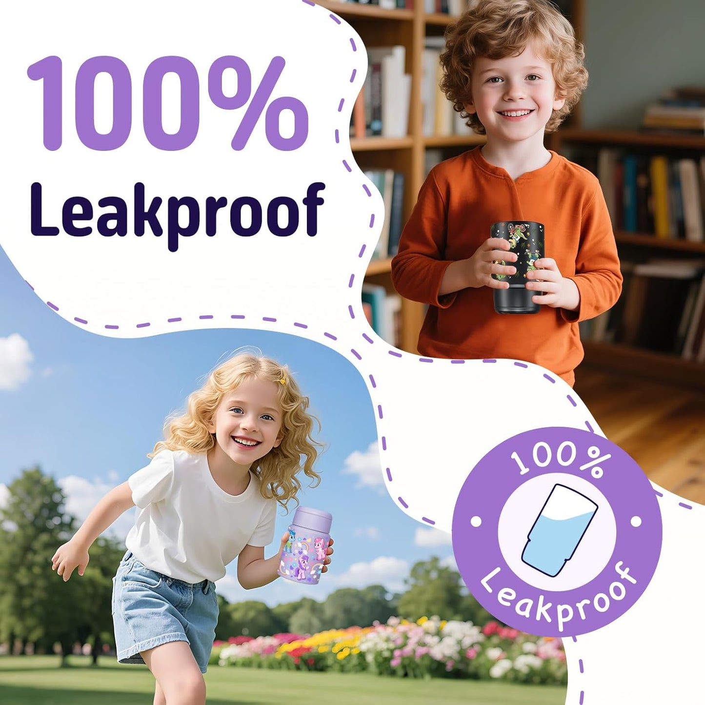 2-Pack Stainless Steel Vacuum Insulated Food Jar with Spoon, Soup Thermo Hot & Cold for Kids & Adults, Leakproof Insulated Lunch Containers with Carry Bag, 17oz.(Black-Dinosaur)