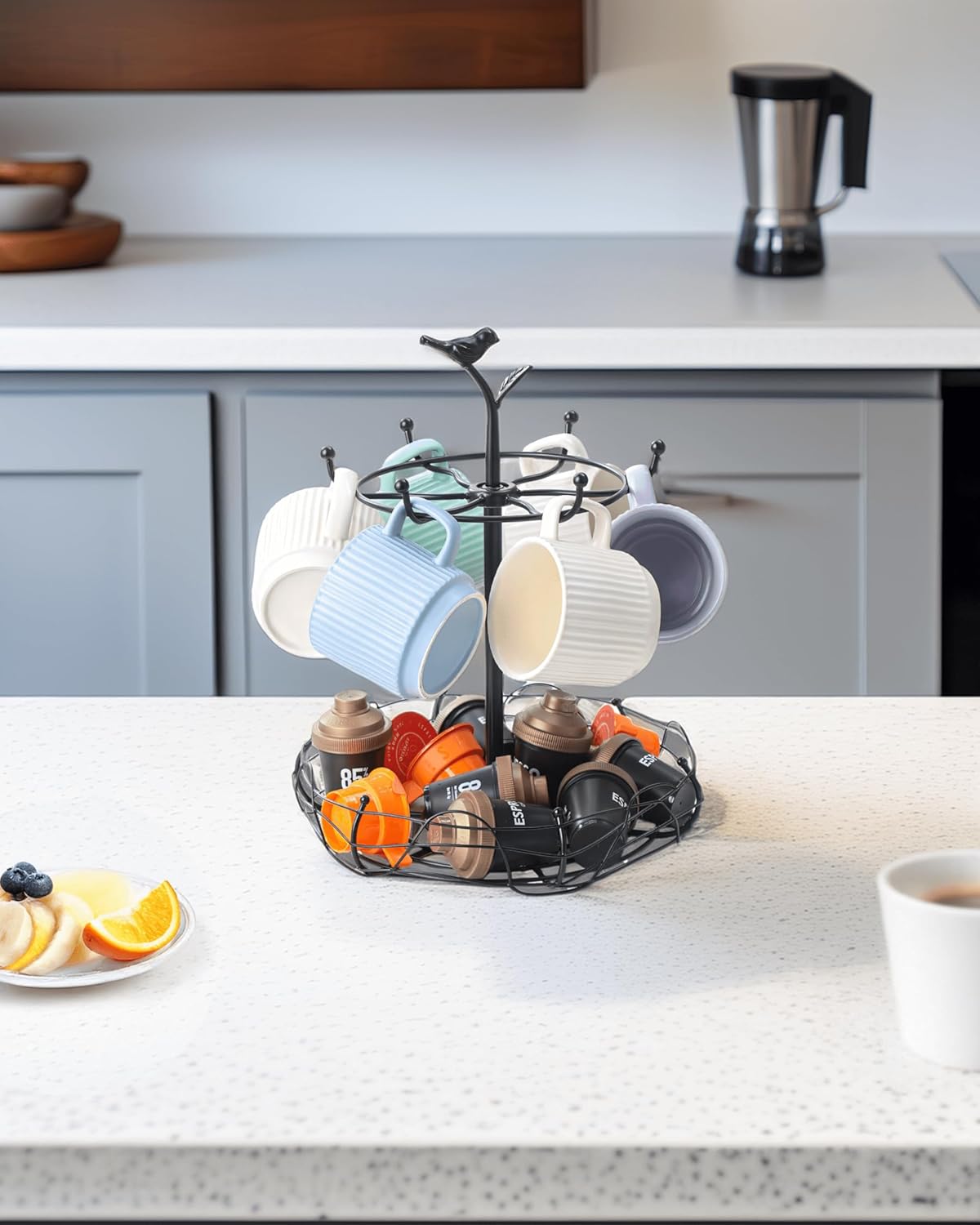 Rotating Mug Tree for Countertop | Decorative Bird & Nest Mug Holder with Storage Basket | Holds 6 Mugs & Pods | 360° Spinning Coffee Cup Rack for Kitchen, Coffee Bar Accessories & Home Décor