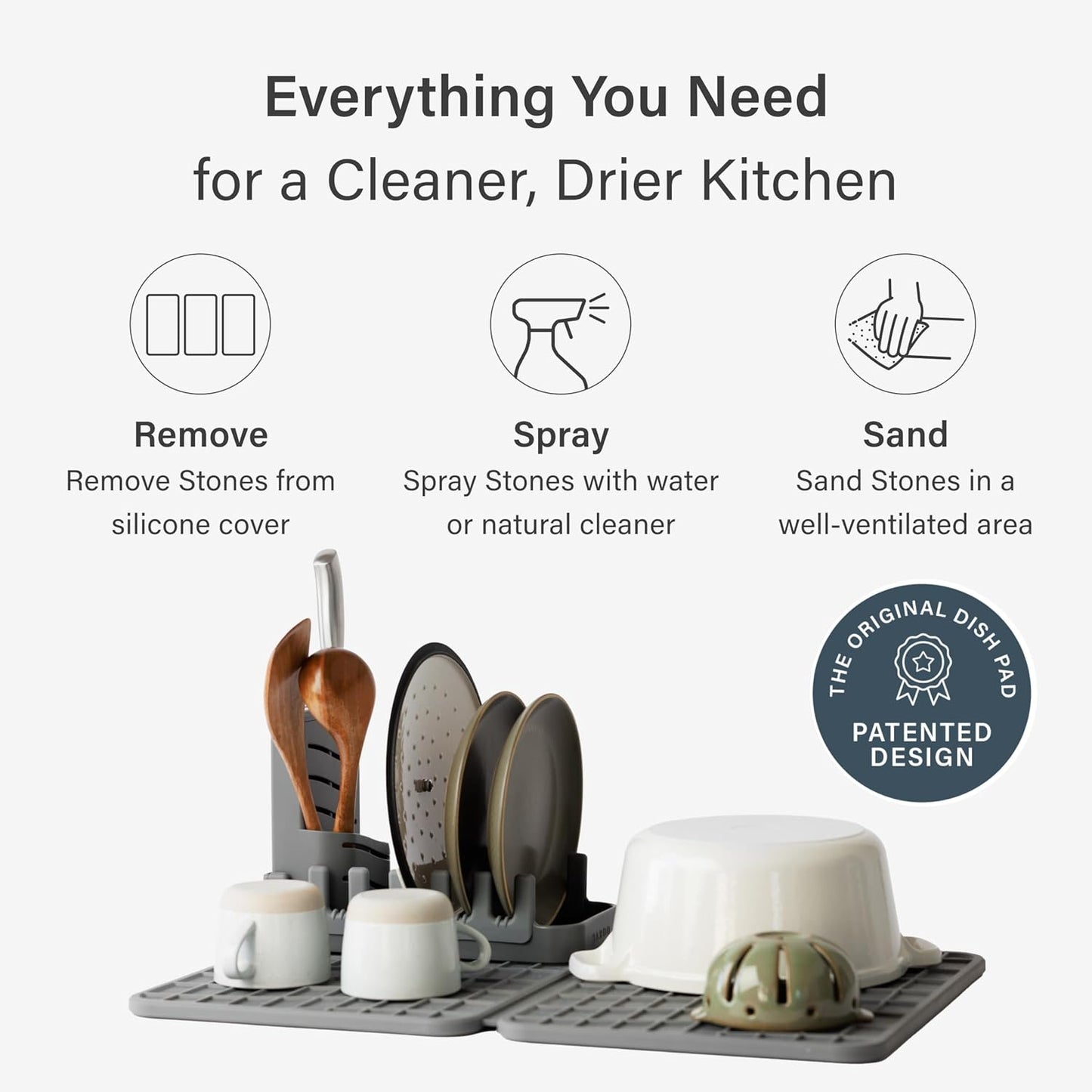 Dorai Home Collapsible Dish Drying Rack and Stone Dish Pad – Large Foldable Drying Rack with Instant - Dry Stone Mat –Space-Saving Drainer Rack for Kitchen Counter - 24.6" x 16.5", Slate