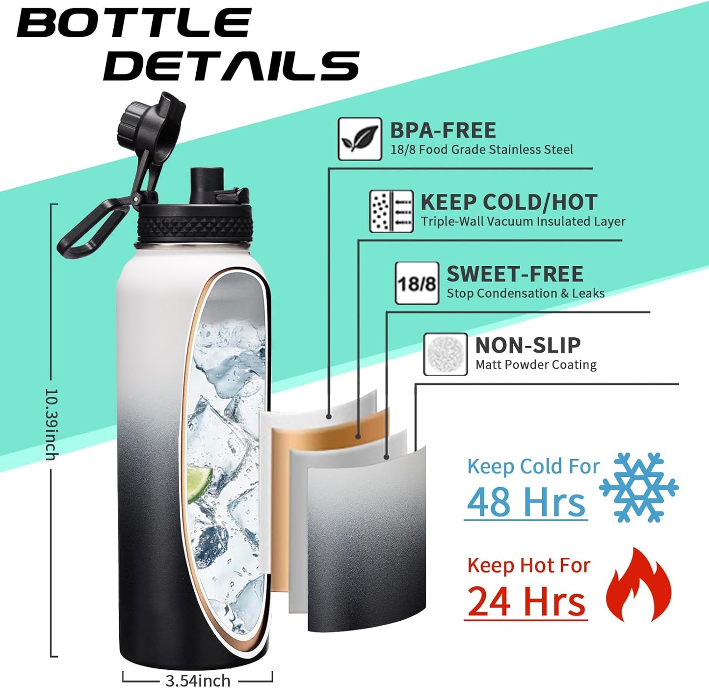 Stainless Steel Water Bottle 40oz with Straw & Auto Spout Lids, Paracord Handle, Insulated Water Flask Carrier Bag & Protective Boot, Thermo Bottle Mug Metal Canteen Keep Cold-48H & Hot-24H